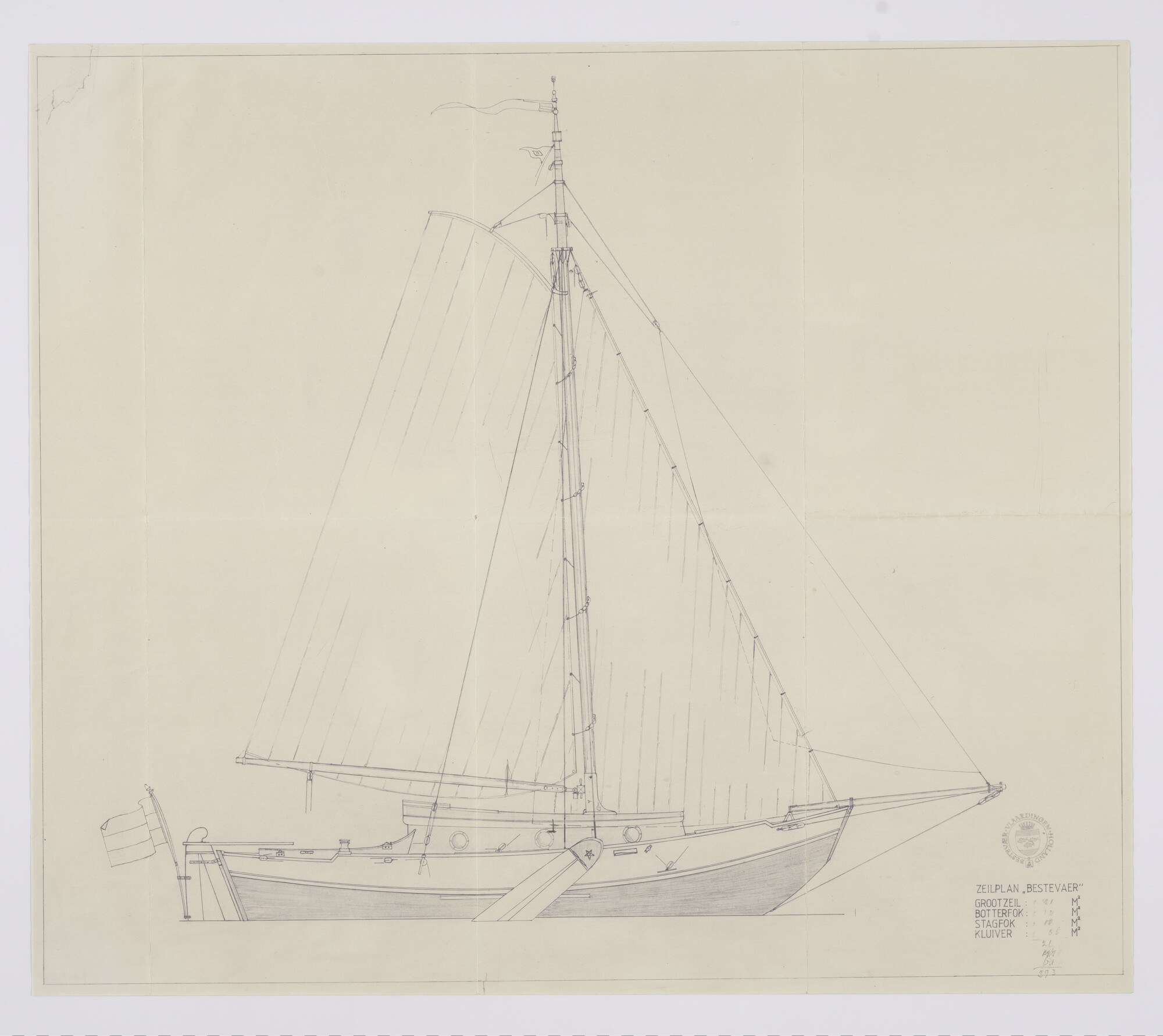 2012.0318; Zeilplan van de zeeschouw Bestevaer van 9.68 m; technische tekening