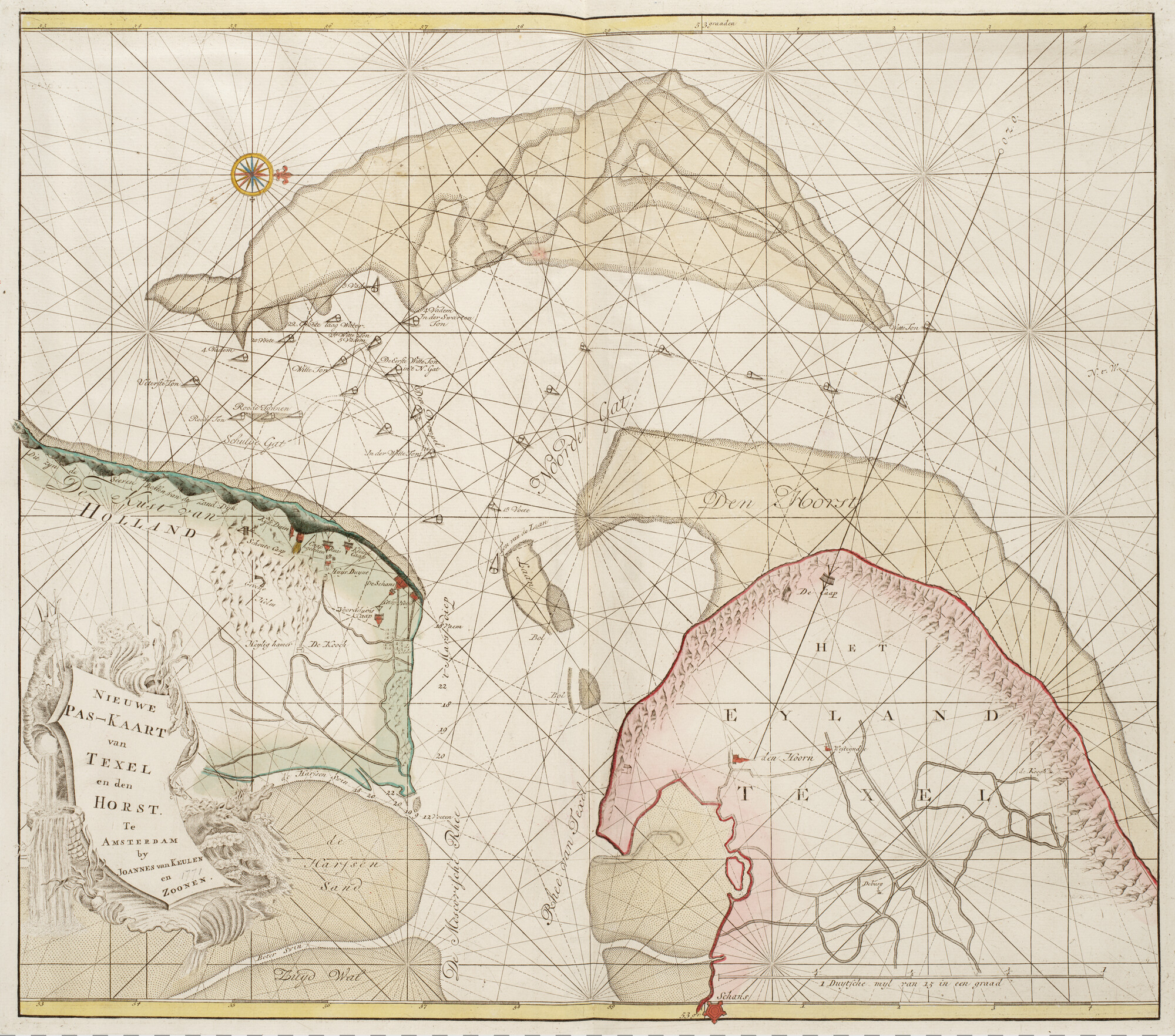 B.0032(109)1 [kaart 097]; Kaart van de aanloop van het Marsdiep, tussen Texel en Huisduinen, met de rede van Texel; zeekaart