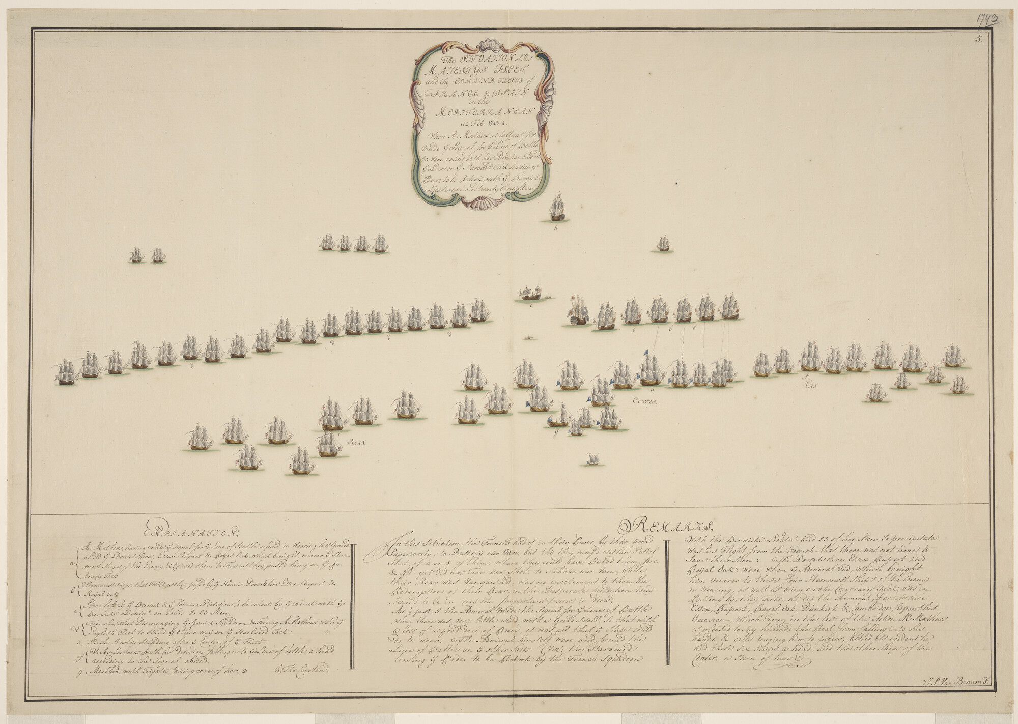 S.0597(01)5; Tekening van de zeeslag tussen de Engelse vloot en de gecombineerde Franse en Spaanse vloten bij Toulon, 1744; tekening