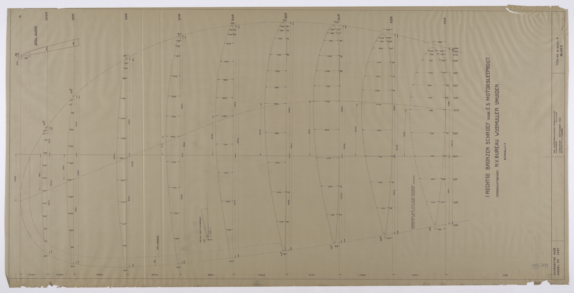 1999.3494; Rechtse bronzen schroef voor E.S. motorsleepboot 'Cycloop'; technische tekening