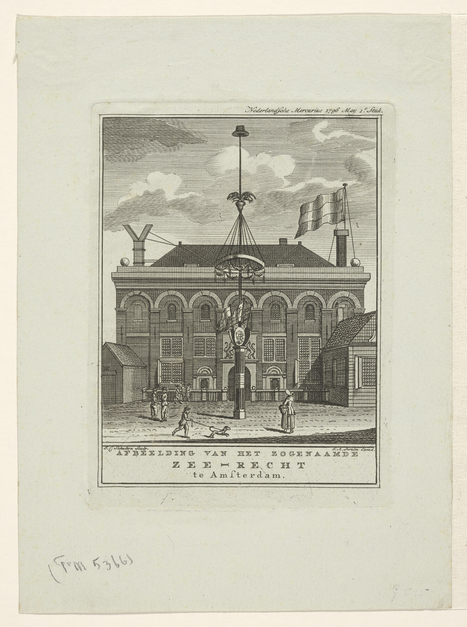 1996.1599; Nederlandsche Mercurius 1796... Gezicht op het Zeerecht te Amsterdam [...]; prent