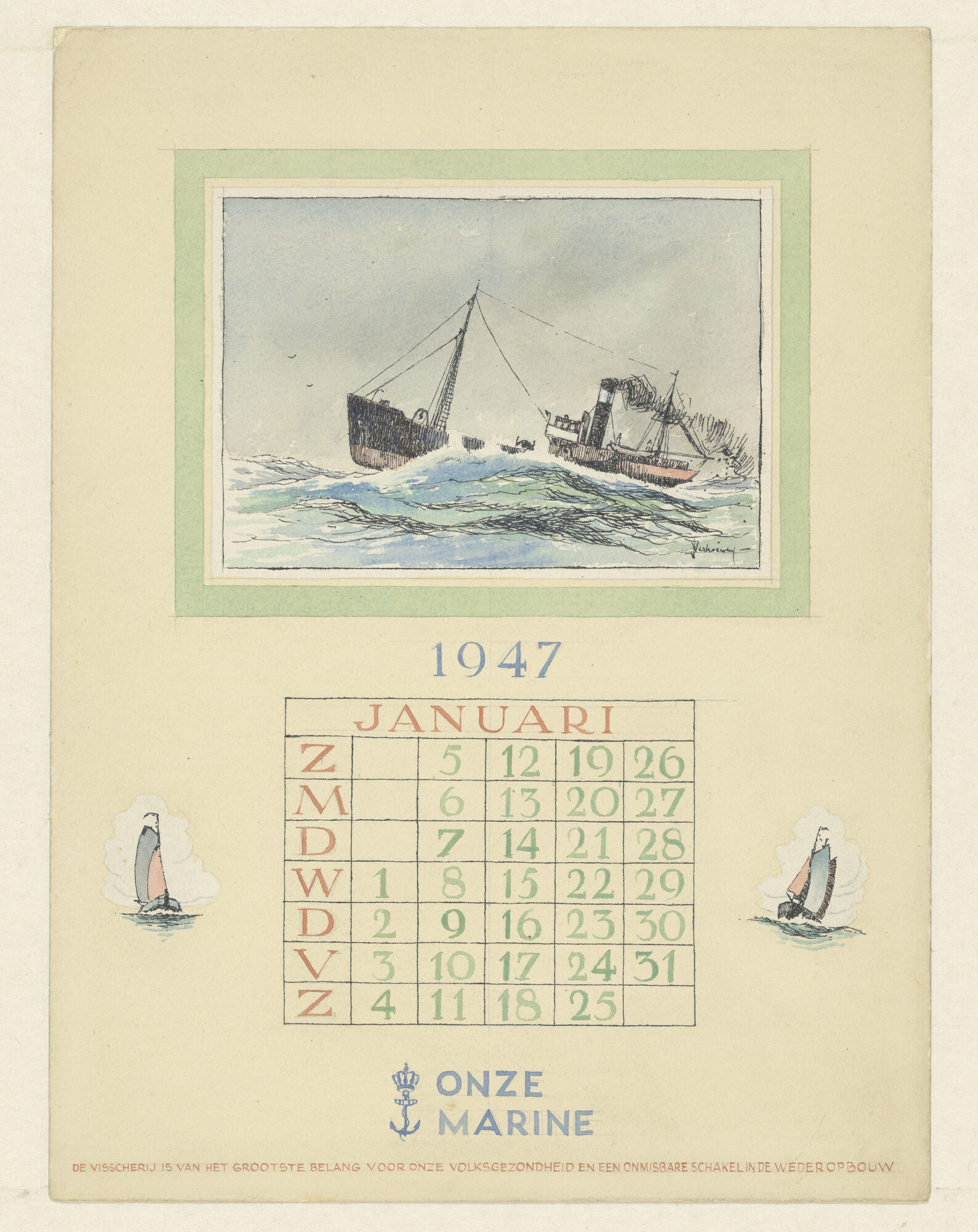 S.7217(03); Ontwerp voor een kalenderblad van de kalender Onze Marine: Januari 1947; tekening