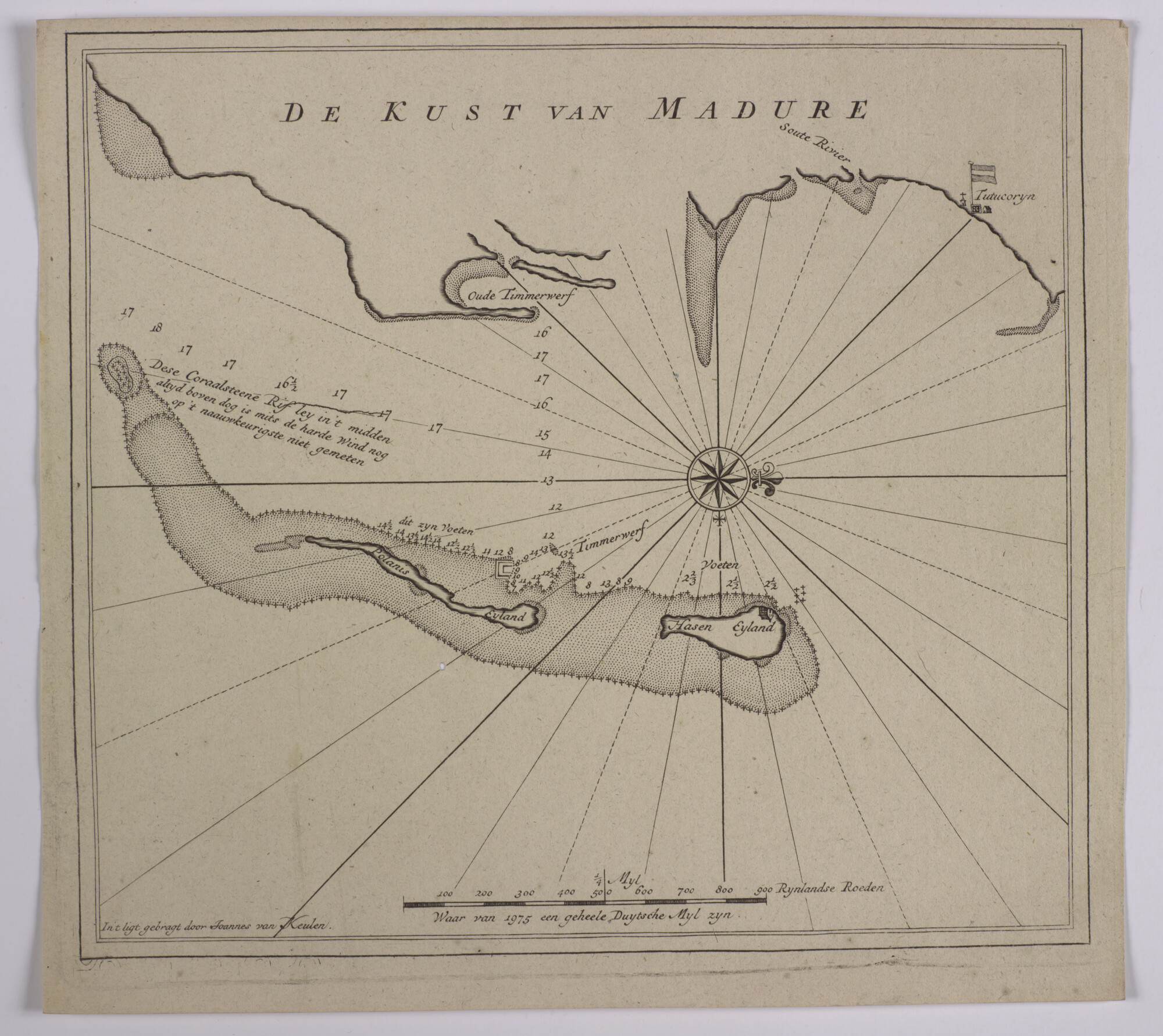 S.0966(13); Detailkaart van de kust van Coromandel (India) met de Golf van Mannar bij Tutucoryn (Tuticorin, het huidige Thoothukudi) en de eilanden Hasen Eyland en Polanis Eyland; kaart