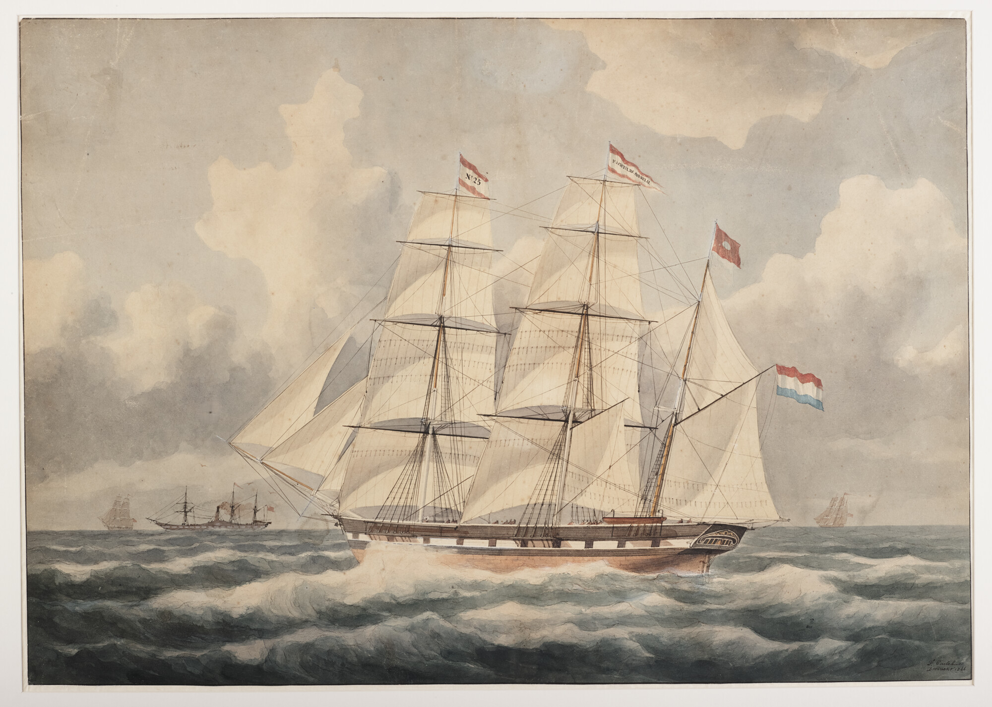 A.2557(02); Het barkschip 'Machtilda Cornelia' op zee; tekening