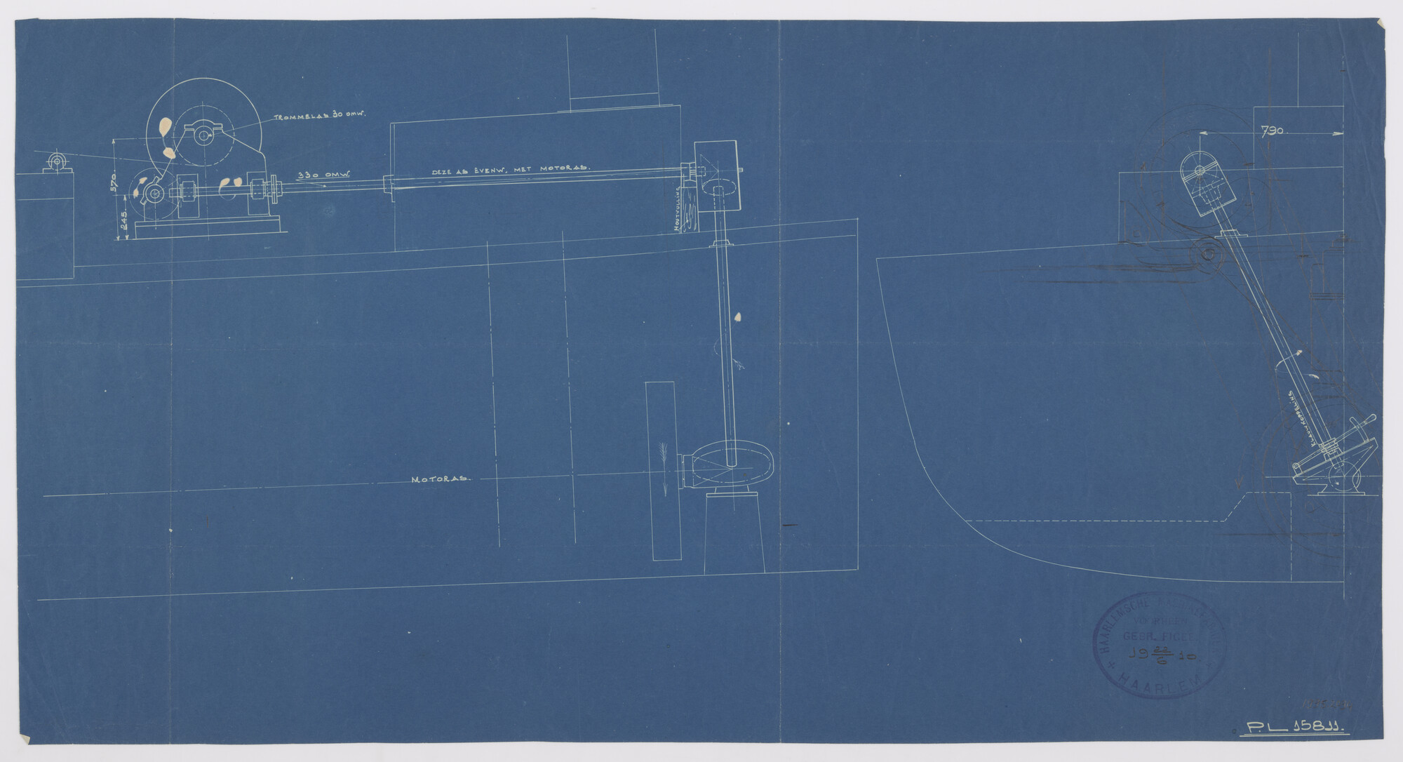 1995.2094; Aandrijving korlier voor een schip voor de boomkorvisserij; technische tekening