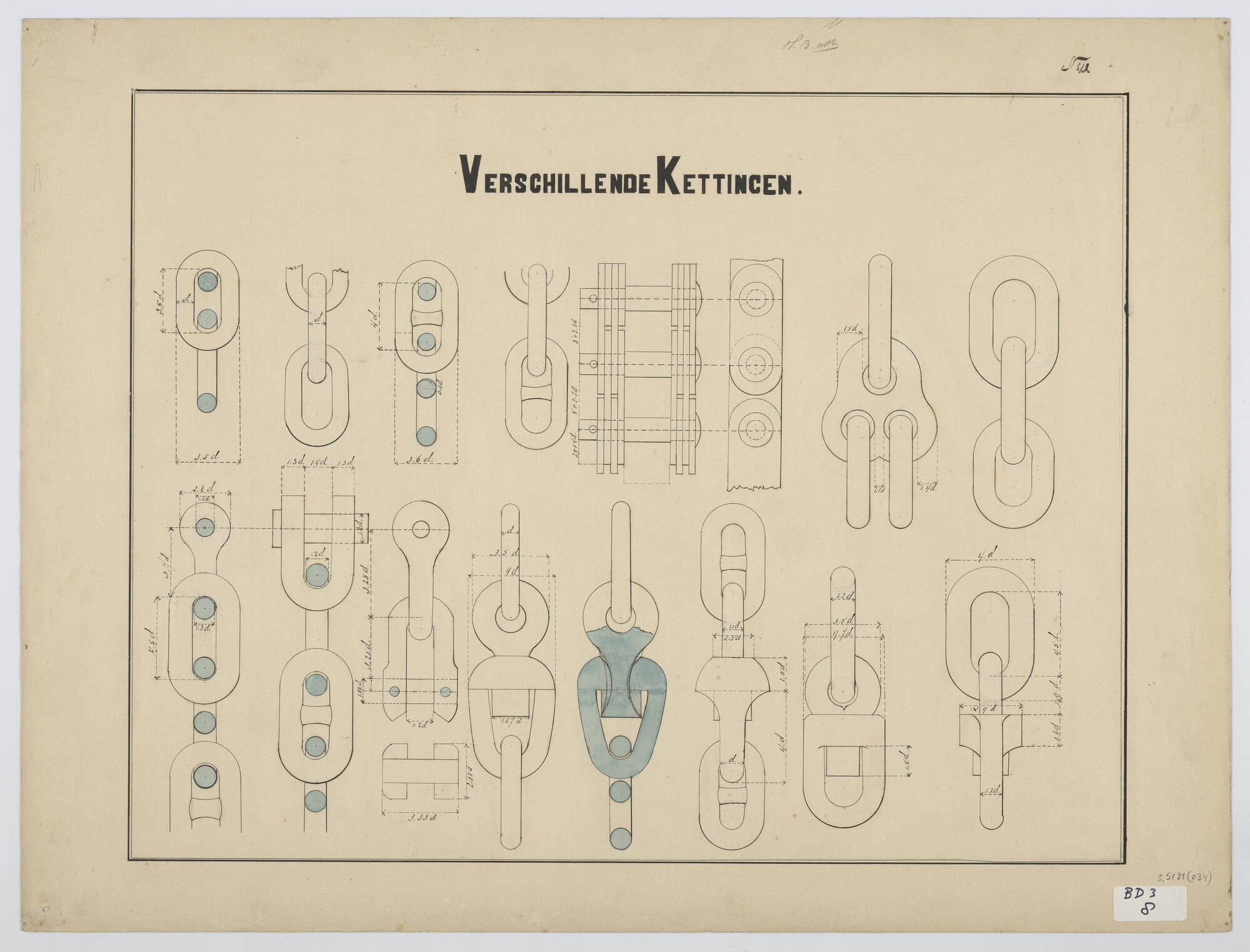 S.5181(034); Inleiding in de eerste beginselen rechtlijnig, bouwkunstig- en werktuigbouwkunstig tekenen: verschillende kettingen; technische tekening