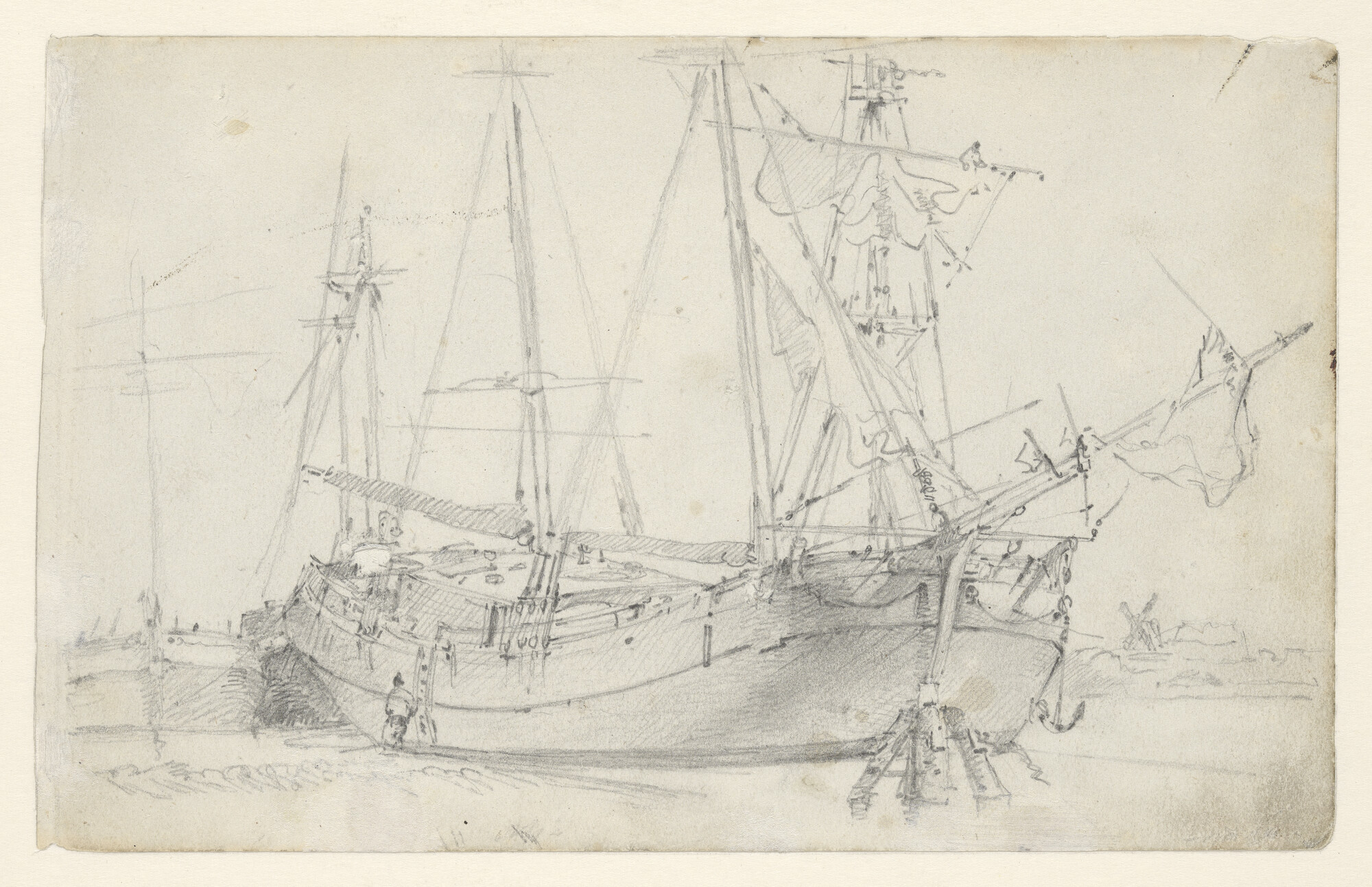 A.5579(01); Een kofschip afgemeerd aan een ducdalf; tekening
