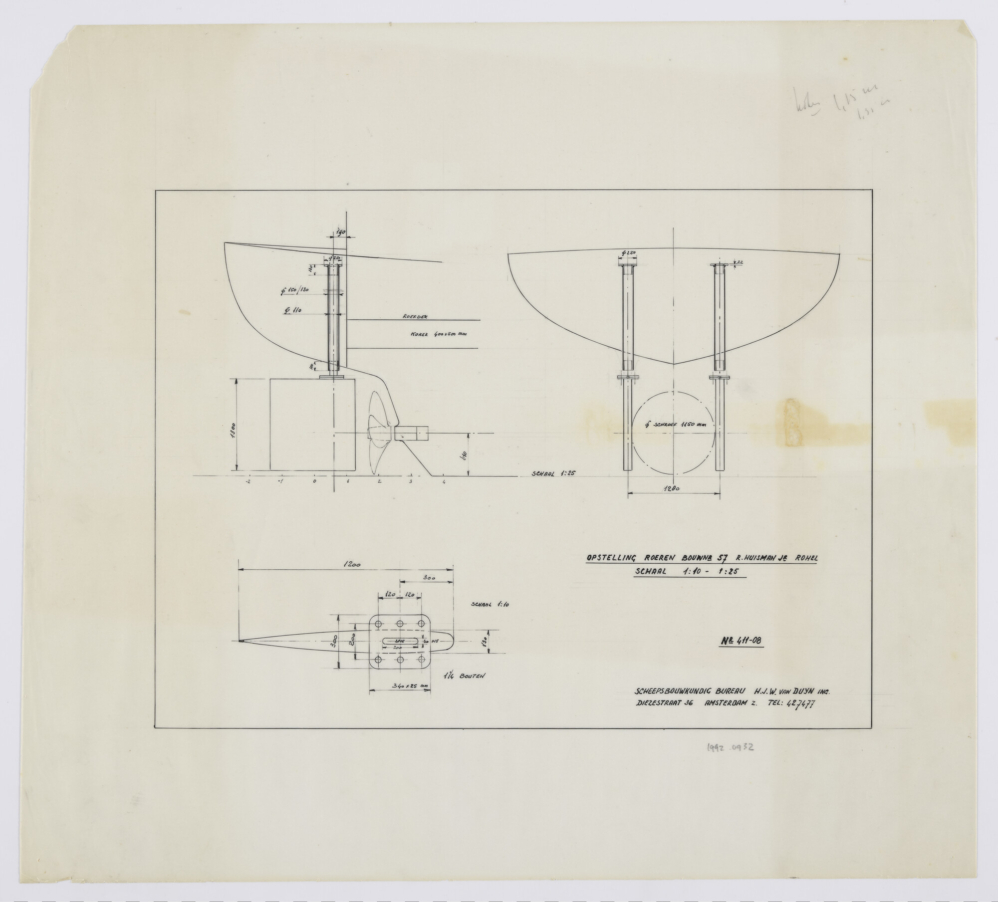 1992.0932; Roerenopstelling motorvrachtschip voor R. Huisman - Rohel (Friesland) -; technische tekening