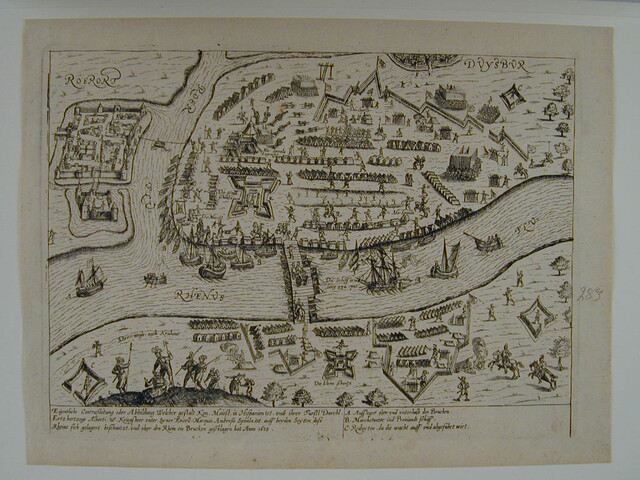 A.0145(027)347; Schipbrug over de Rijn bij Ruhrort en versterkingen van Spinola, 9 oktober 1605; prent
