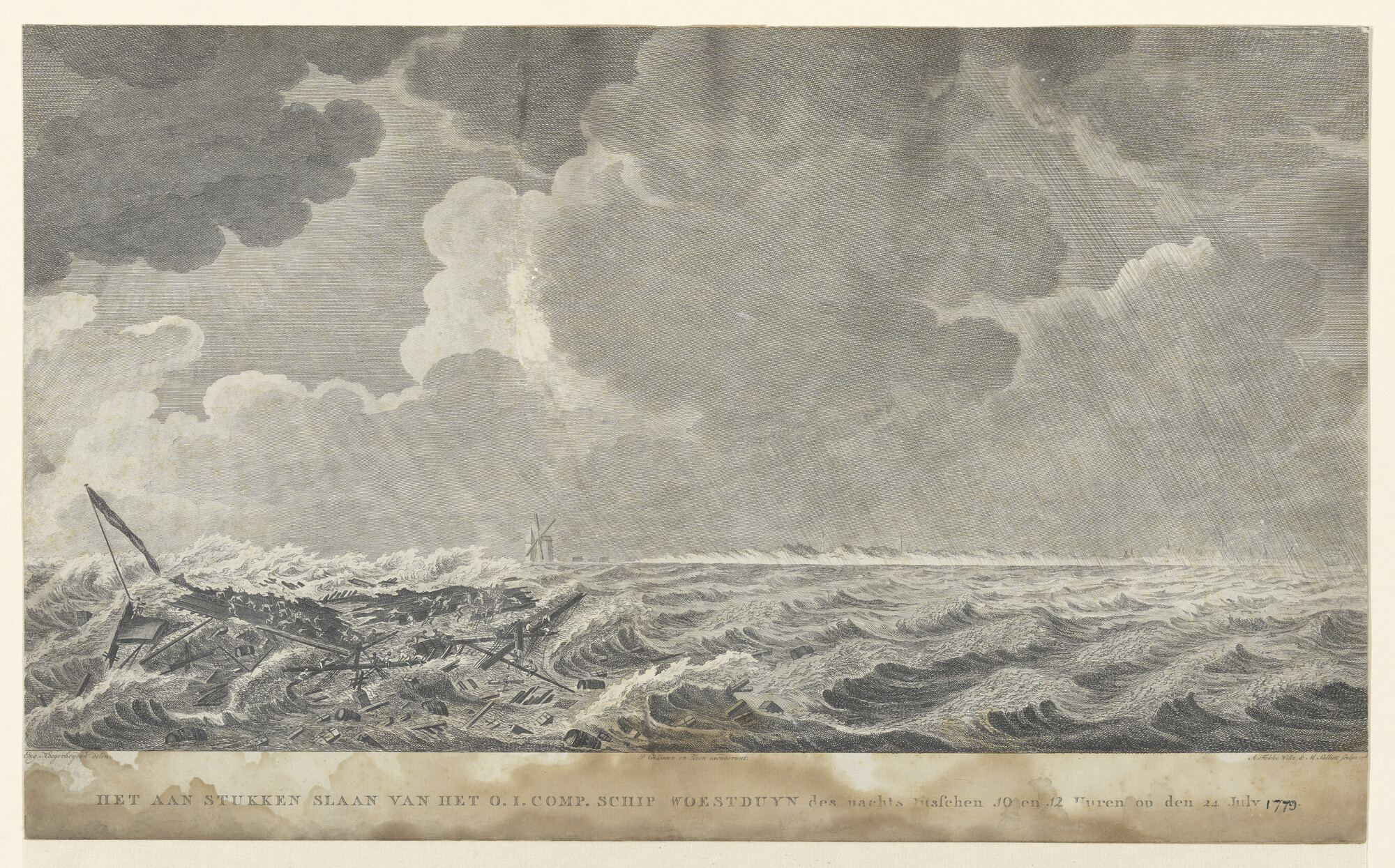 S.0730 [nr 0001]; Schipbreuk van het VOC-schip 'Woestduin', 1779: het aan stukken slaan van het schip; prent