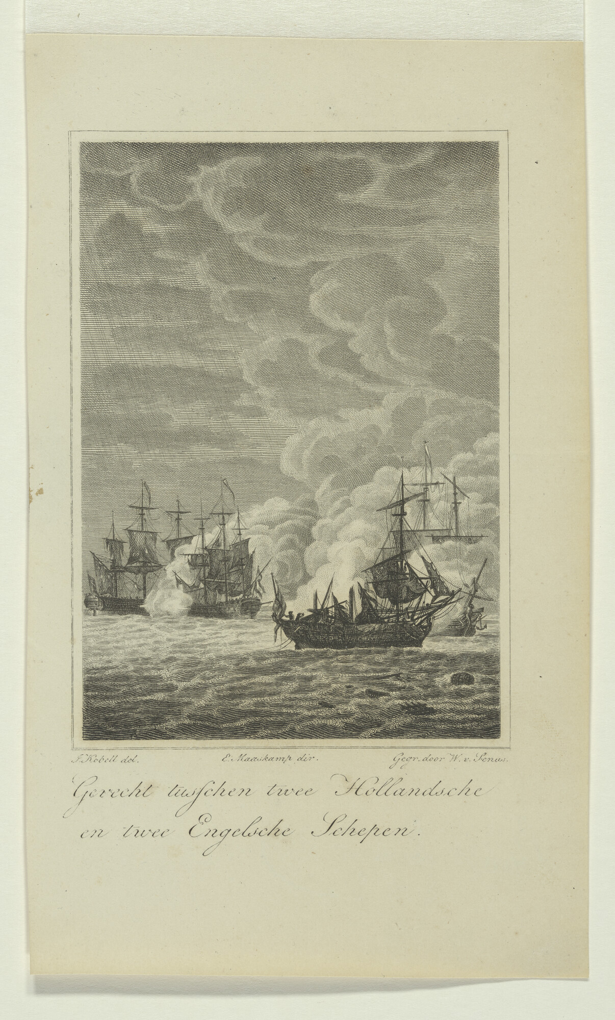 1991.0034; Gevecht tussen twee Hollandse en twee Engelse schepen; prent