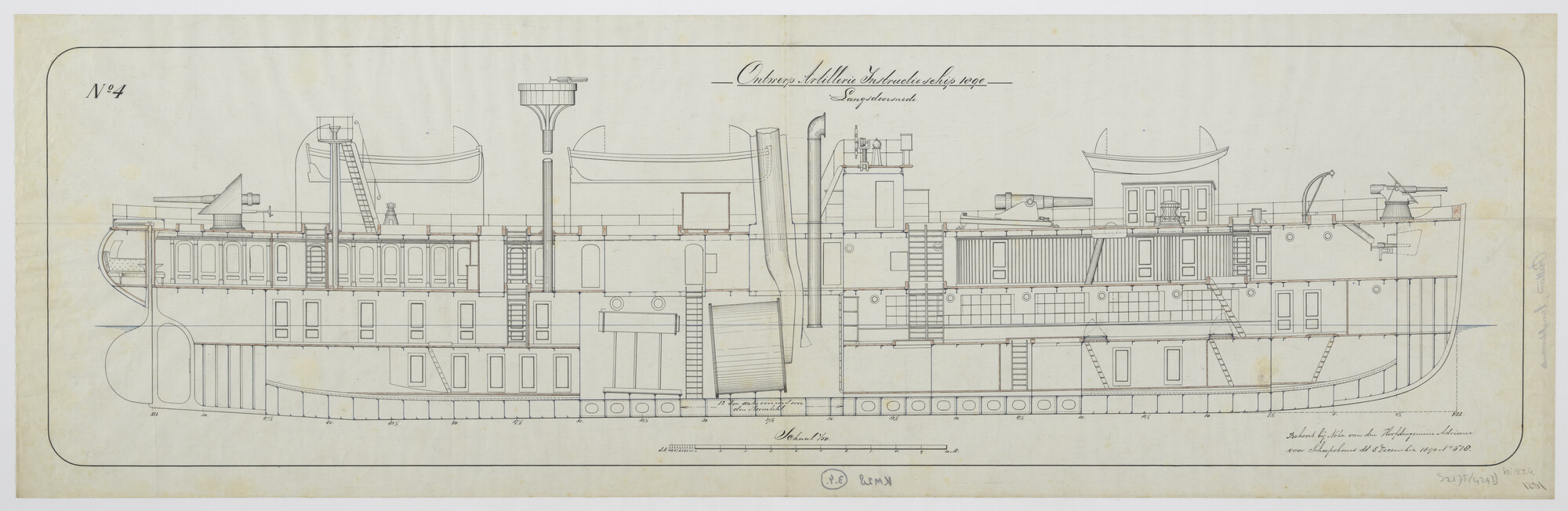 S.2175(4293); Langsdoorsnede van het ontwerp artillerie instructieschip 1890 Hr.Ms. 'Bellona'; technische tekening