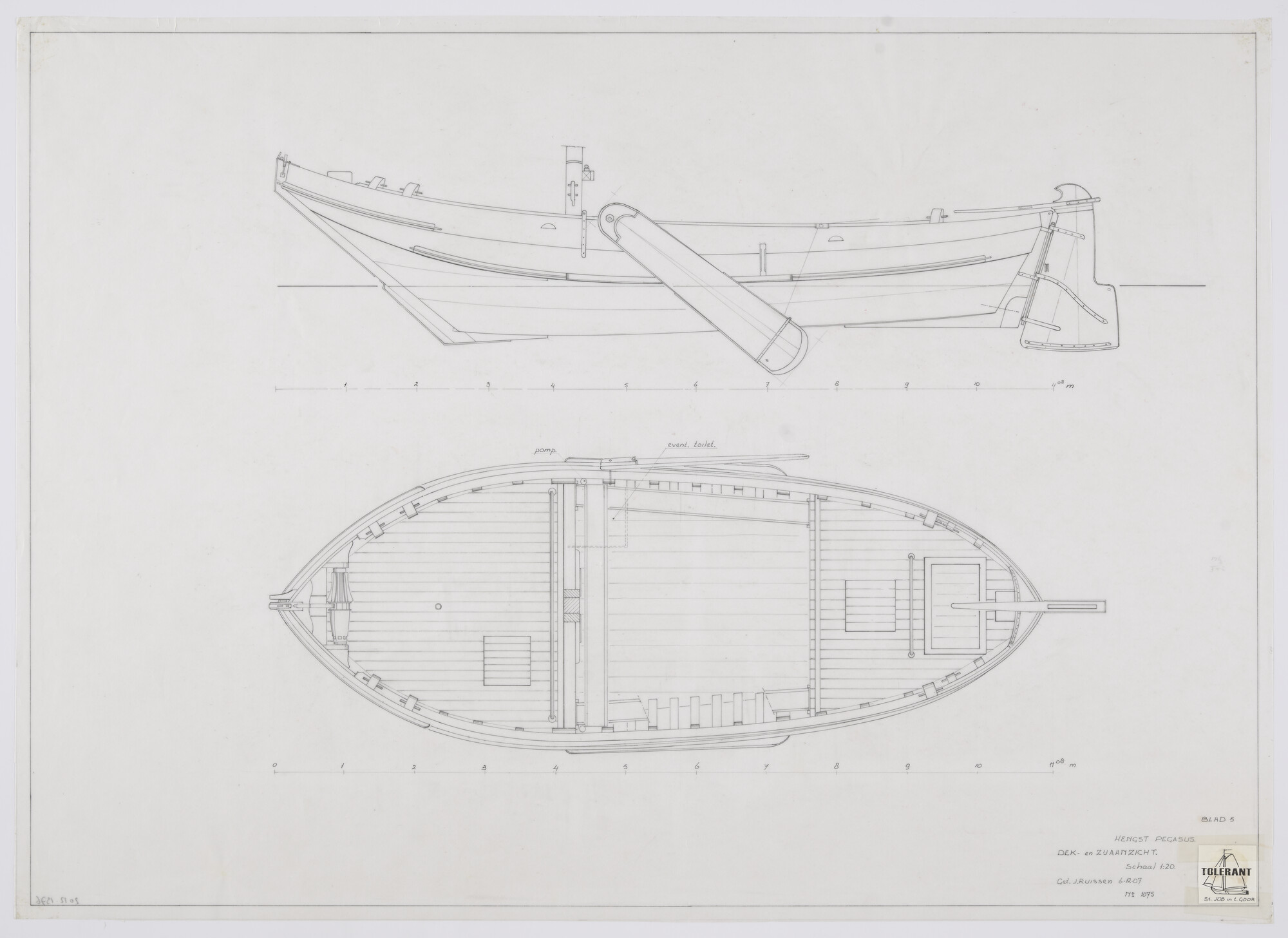 2012.1376; Algemeen plan van de te herbouwen hengst 'Pegasus' van 11.08 meter; technische tekening