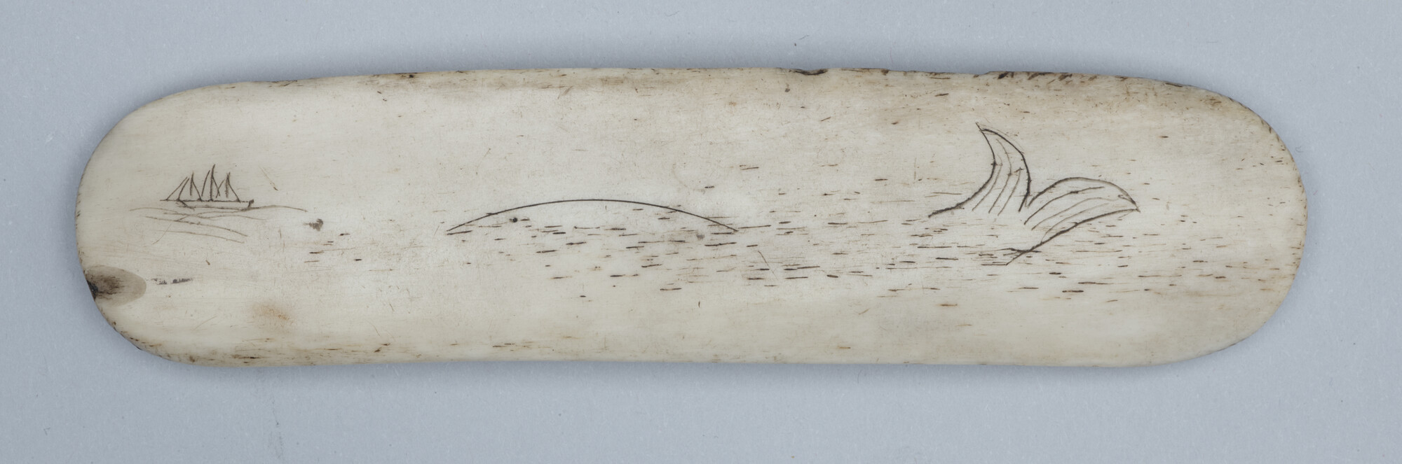 2019.0433; Plaque van walvisbeen met afbeelding (scrimshaw); scrimshaw