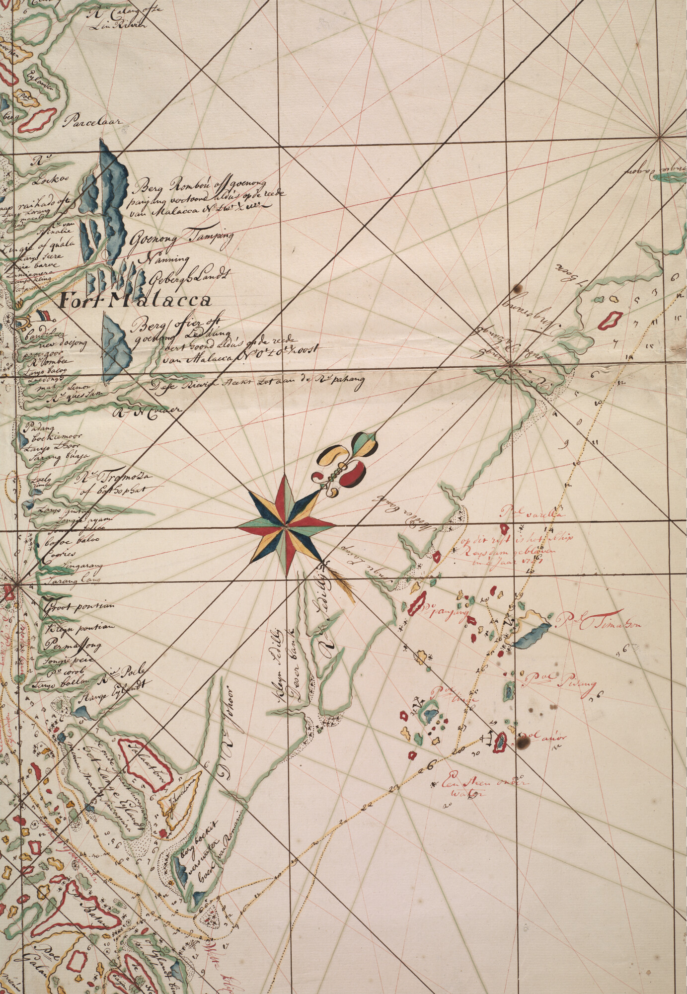 A.4974(01); Gekleurde handschriftkaart van Straat Malakka met een gedeelte van de kust van Sumatra en Malakka, tussen Poulu Rondo en Singapore; zeekaart