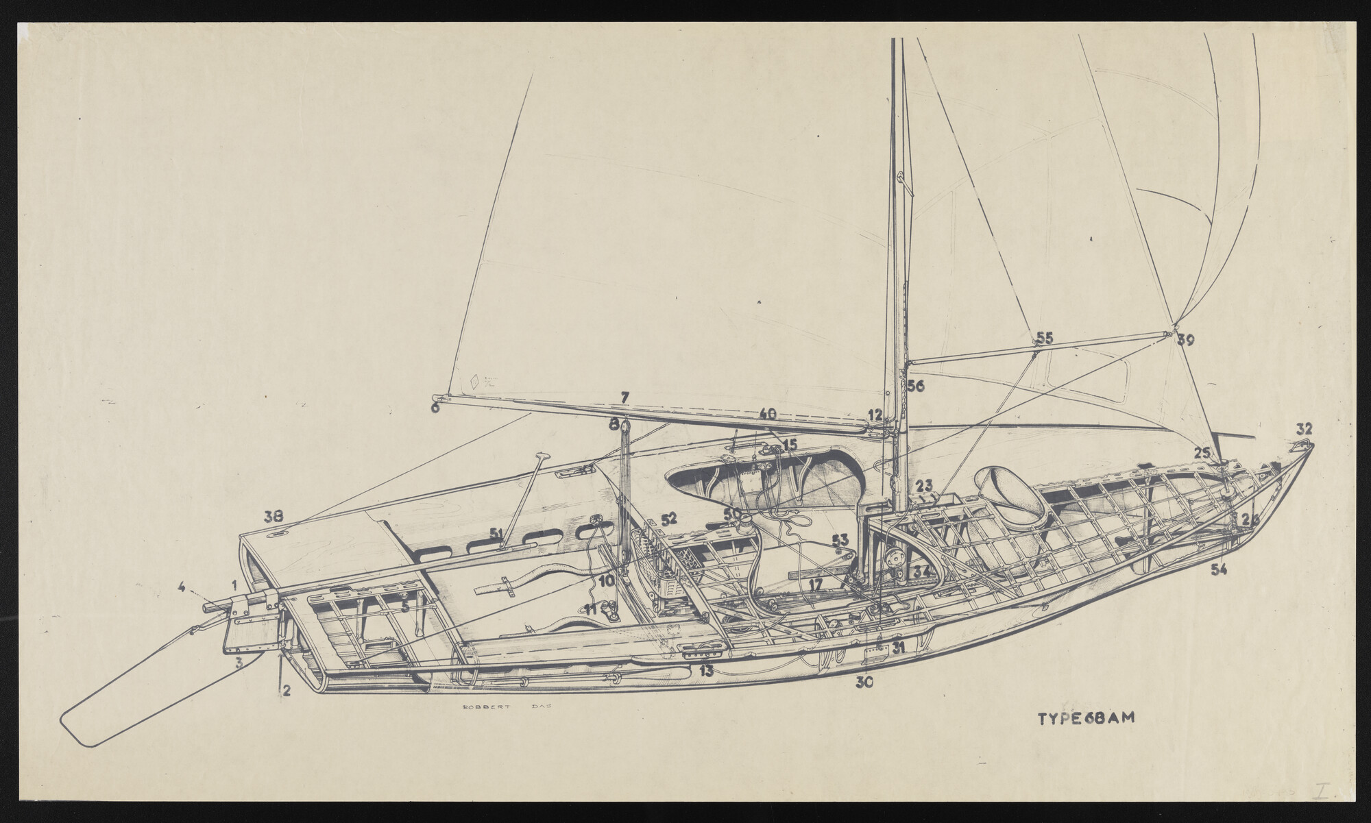 1989.0493; Flying Dutchman class opengewerkt aanzicht; tekening