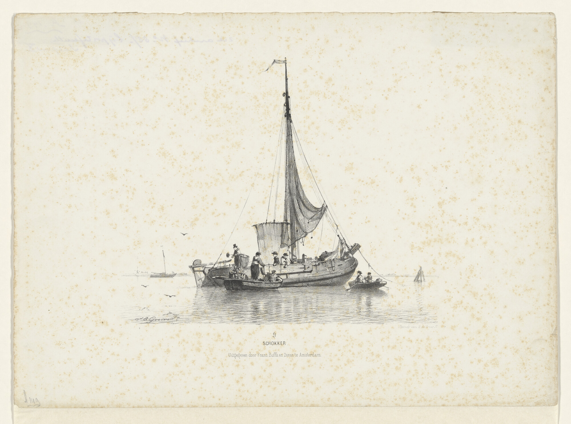 A.0149(0695); Een schokker voor anker op stil water; prent