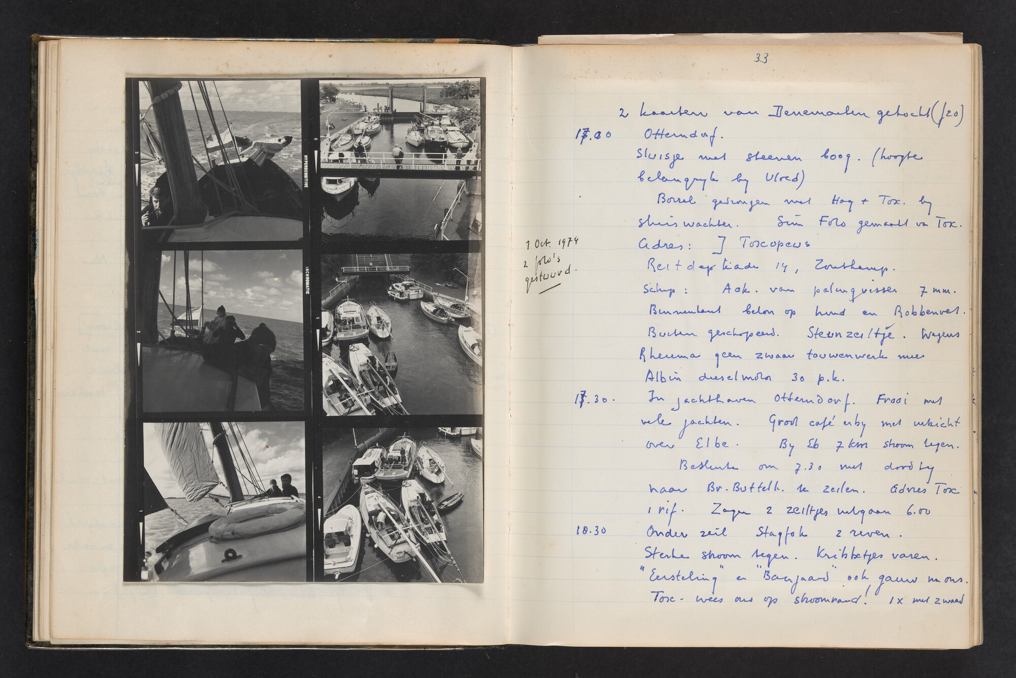 2017.0802; Logboek c.q. fotoalbum van reizen met zeeschouw Grutto (II) in Nederland, Duitsland en Denemarken, 1973-1974; logboek