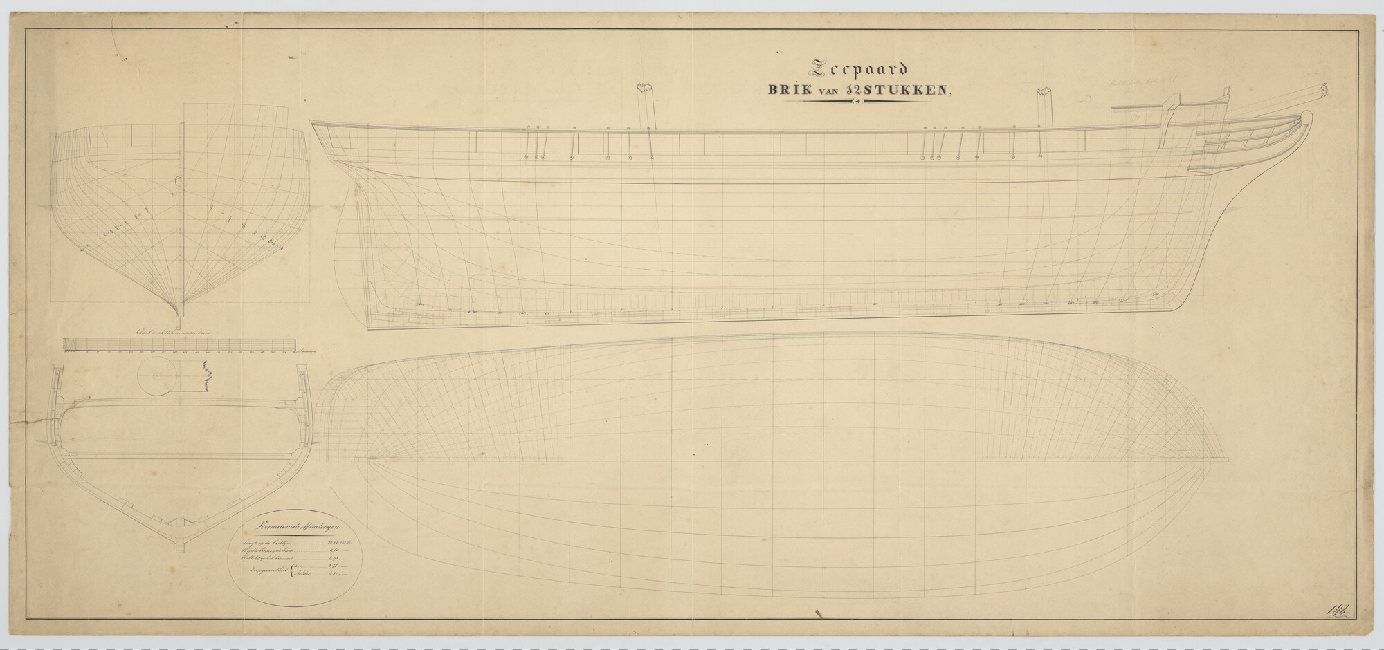 S.1214(0231); Lijnenplan van de brik Zr.Ms. 'Zeepaard' van 12 stukken; technische tekening