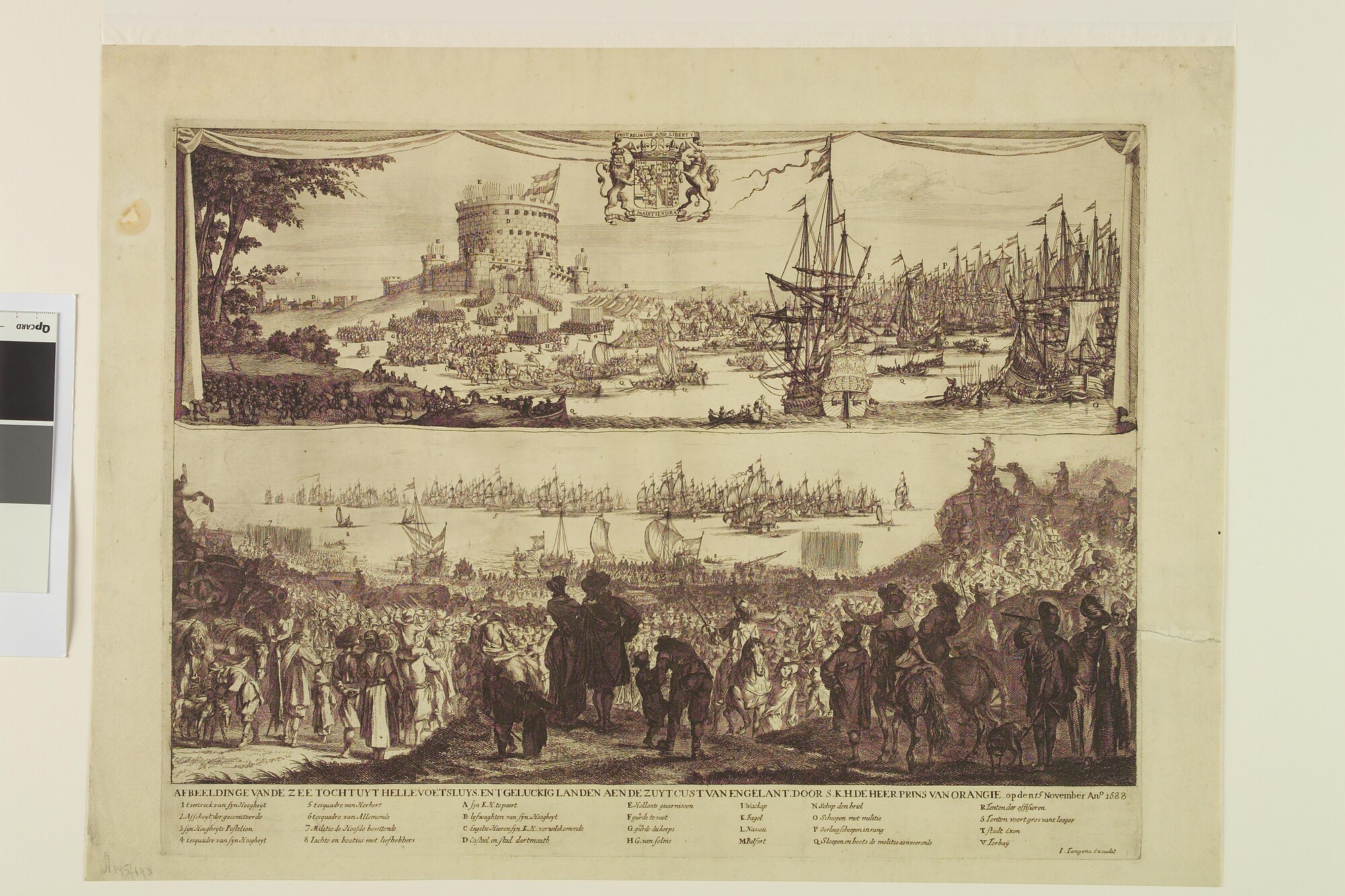 A.0145(193)14; Aankomst in Engeland en vertrek uit Hellevoetsluis van Willem III in 1688; prent