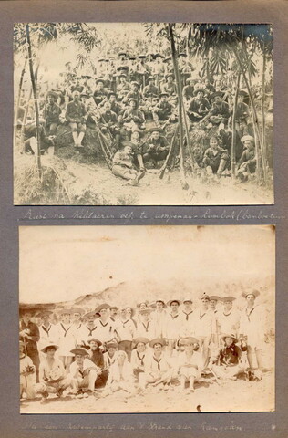 2001.1121; Blad uit een fotoalbum, met 7 foto's van een oefening met het afvuren van een vistorpedo bij Batavia en 2 groepsportretten van militaren in Nederlands Indië; fotoalbum