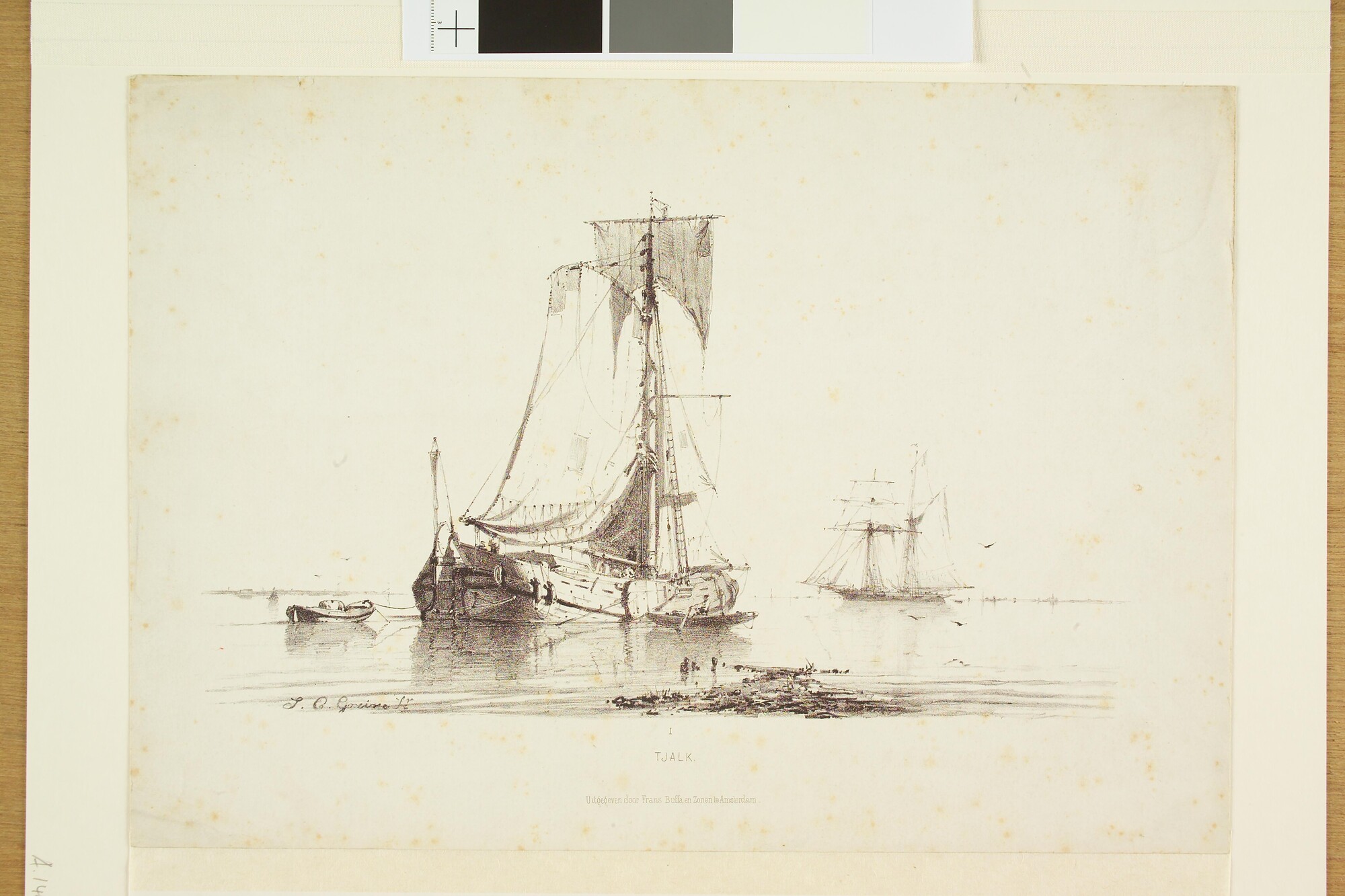 A.0149(0601); Een tjalk voor anker op stil water; prent