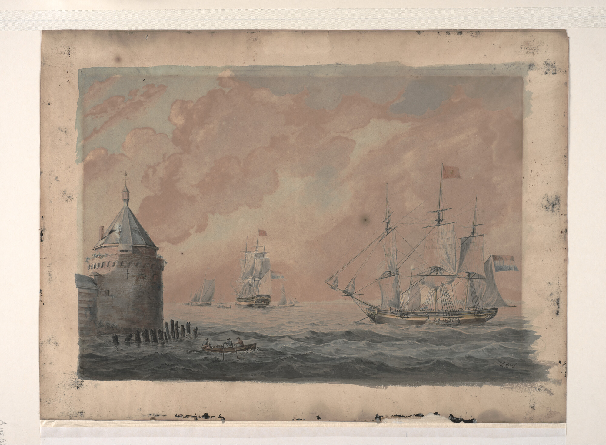 A.1751(03) [nr 0002]; Het fregatschip Middelburg ter rede van Veere; tekening