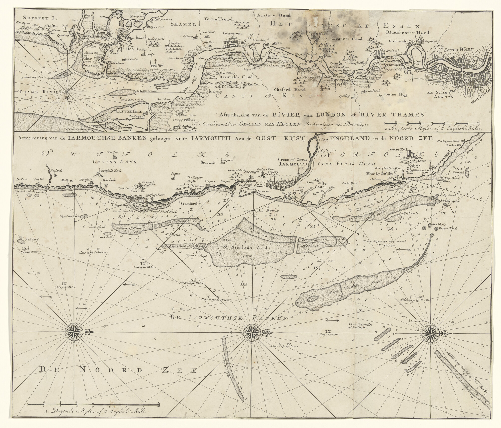 S.1072(02)41; Twee kaarten op een blad van de rivier Theems en de banken van Yarmouth; zeekaart