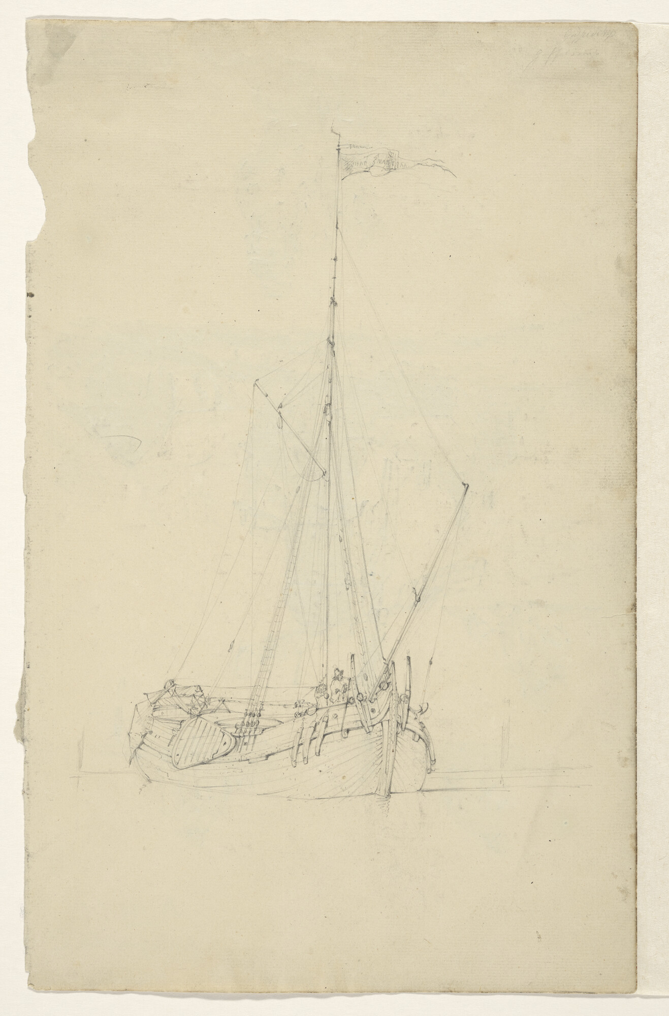 A.0149(0482); Een gaffelschip en verso studies van een molen en figuren; tekening