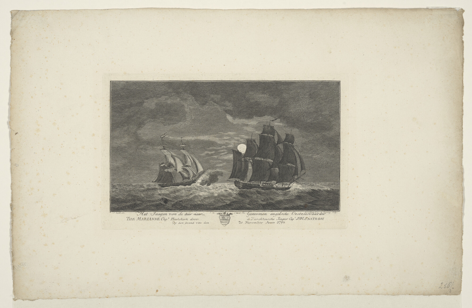 A.2160 [nr 0003]; Het jagen van de later door Le Turc genomen Engelse Oostzeevaarder 'Marianne' door de Zierikzeesche kaperkapitein J.W. Sexteoh; prent