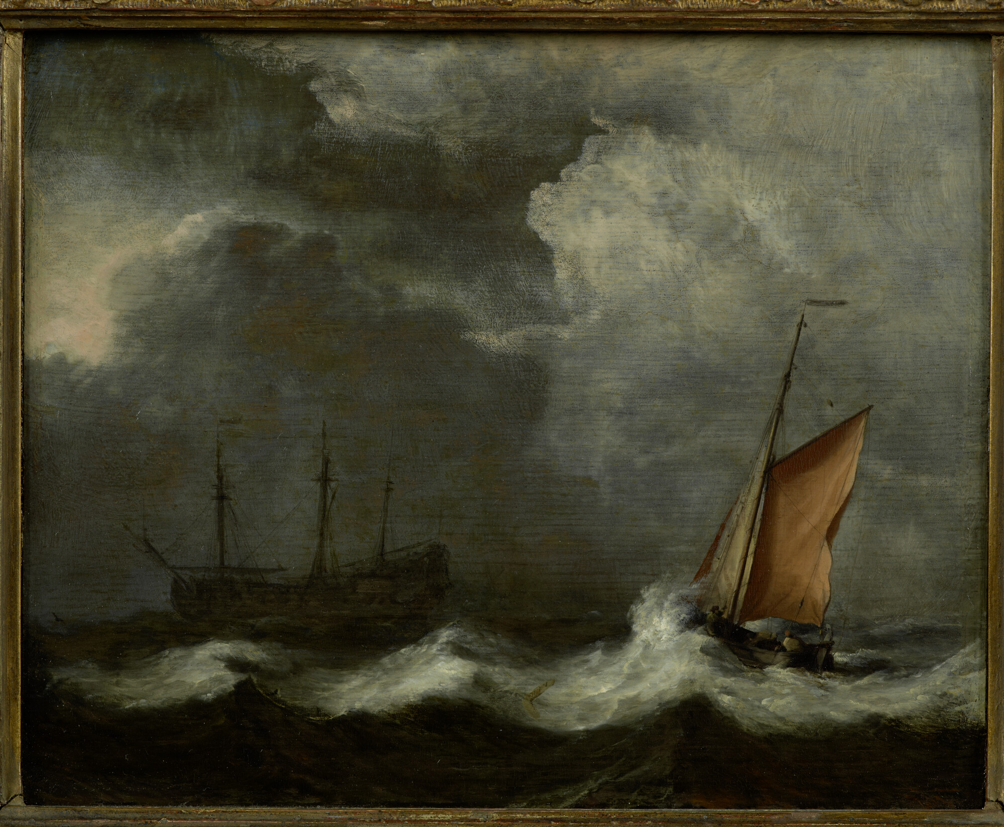 2015.4505; Schepen in een sterke wind onder een donkere lucht; schilderij