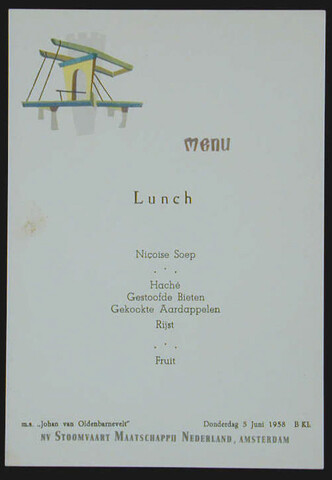 1994.5080; Menukaart voor lunch aan boord van ms. Johan van Oldenbarnevelt van de SMN, 5 juni 1958; menukaart