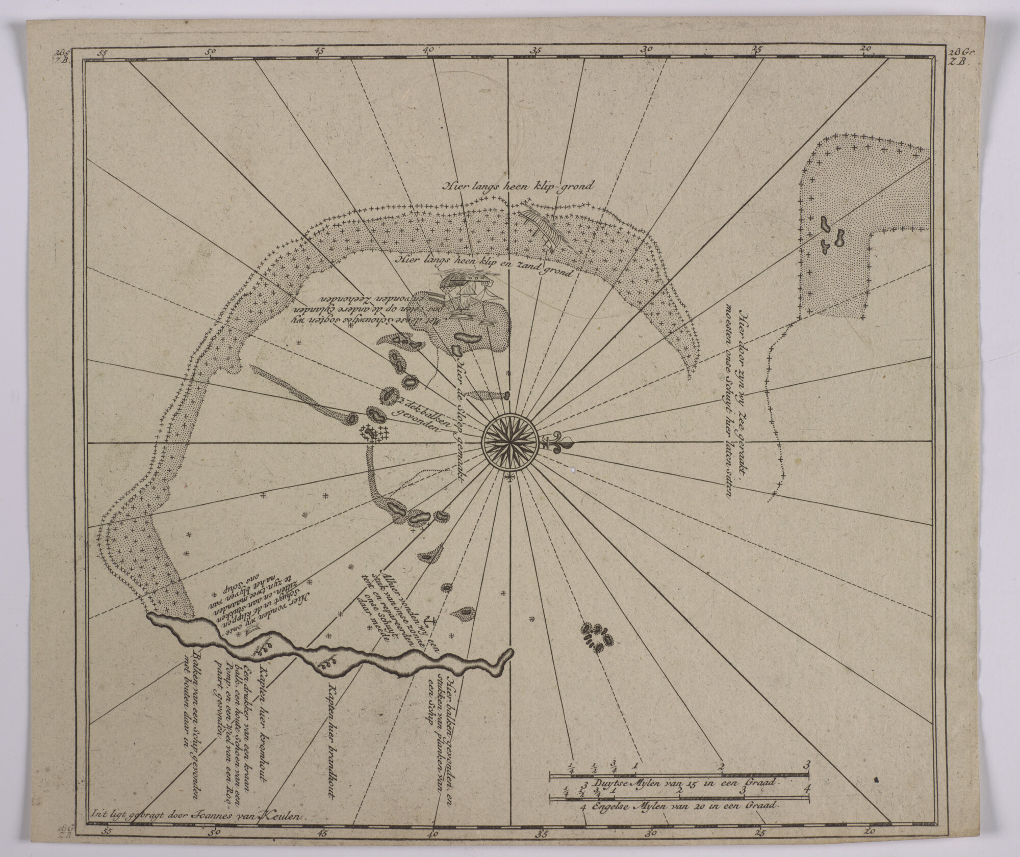 S.0966(23); Detailkaart van de atol de Pelsaert Groep in de Houtman Abrolhos, met teksten over de ervaringen van de schipbreukelingen van de Zeewijk in 1727; kaart