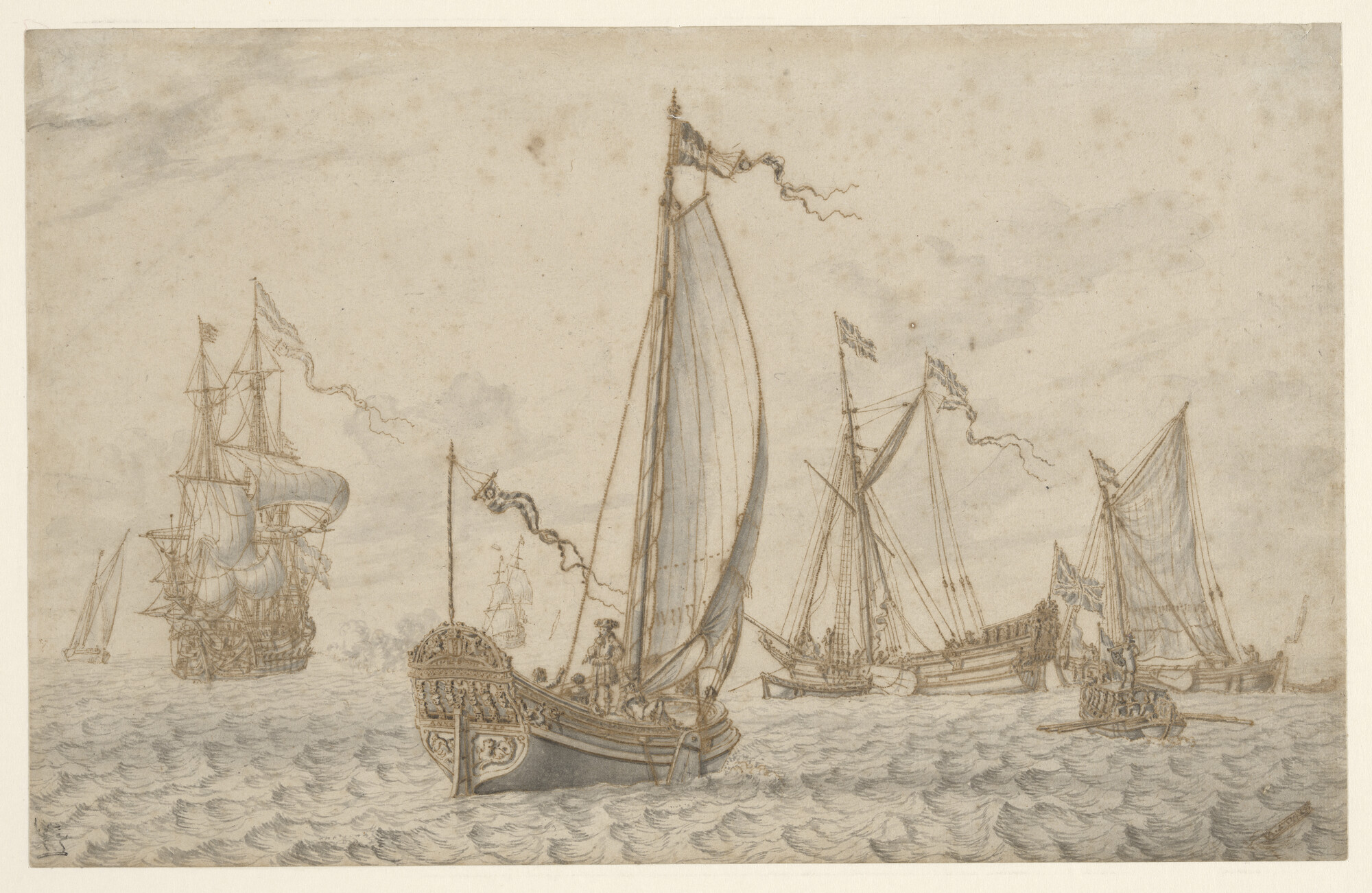 A.0149(0216); Het bezaanjacht van de stad Amsterdam en het Engelse jacht 'Mary' op de rede van Amsterdam; tekening