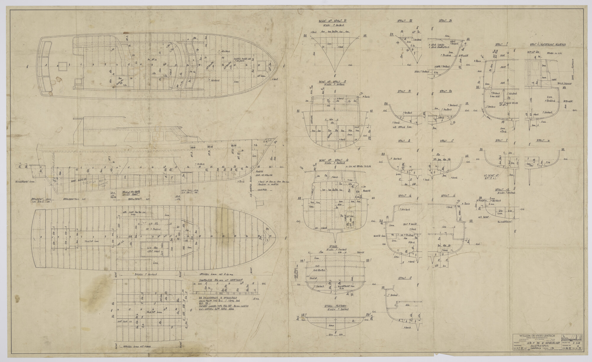 2010.0330; Constructieplan van een 16.90 meter dubbelschroef stalen motorkruiser; technische tekening