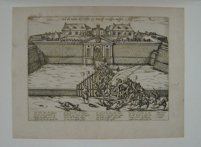 A.0145(027)167; De Walen trekken uit het Kasteel van Antwerpen, 1 augustus 1577; prent