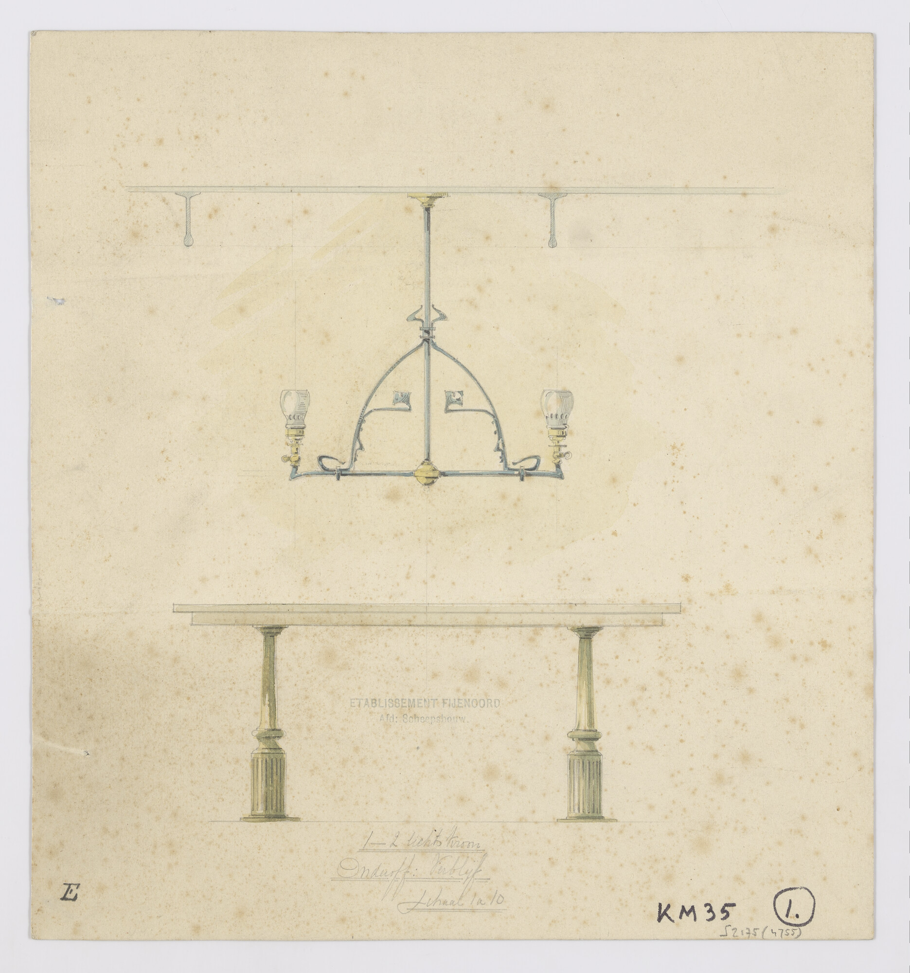 S.2175(4755); Ontwerp tafel met lichtkroon; technische tekening