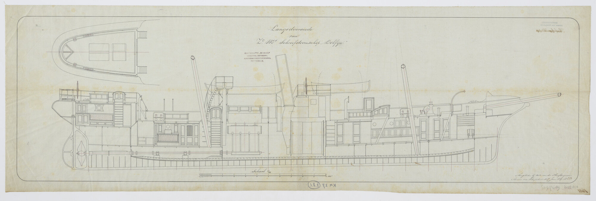 S.2175(4182); Langsdoorsnede en [ged.] bovenaanzicht van Zr.Ms. 'Dolfijn'; technische tekening