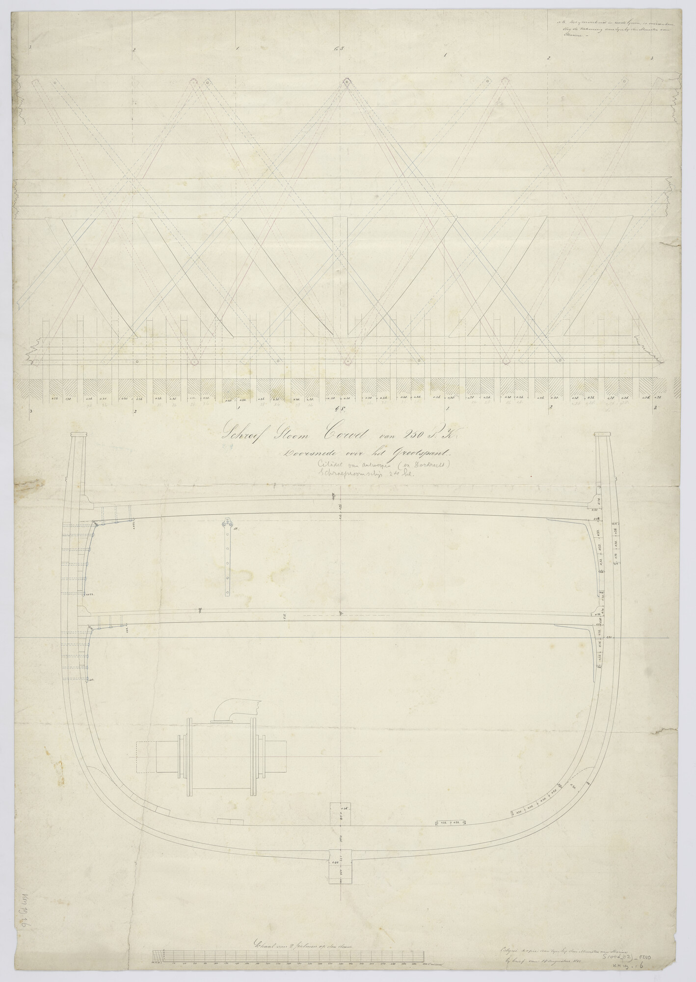 S.1006(02)0010; Tekening van het diagonaal ijzerverband en van het grootspant van het schroefstoomschip Zr.Ms. Citadel van Antwerpen; technische tekening