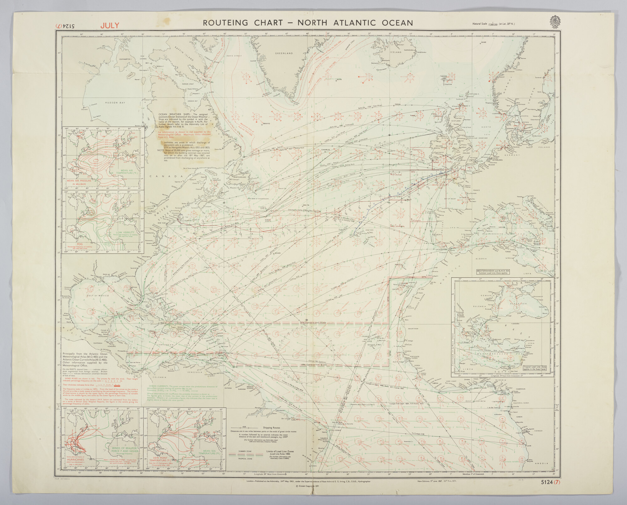 2019.1057-45; Routeing chart, North Atlantic Ocean, July; zeekaart