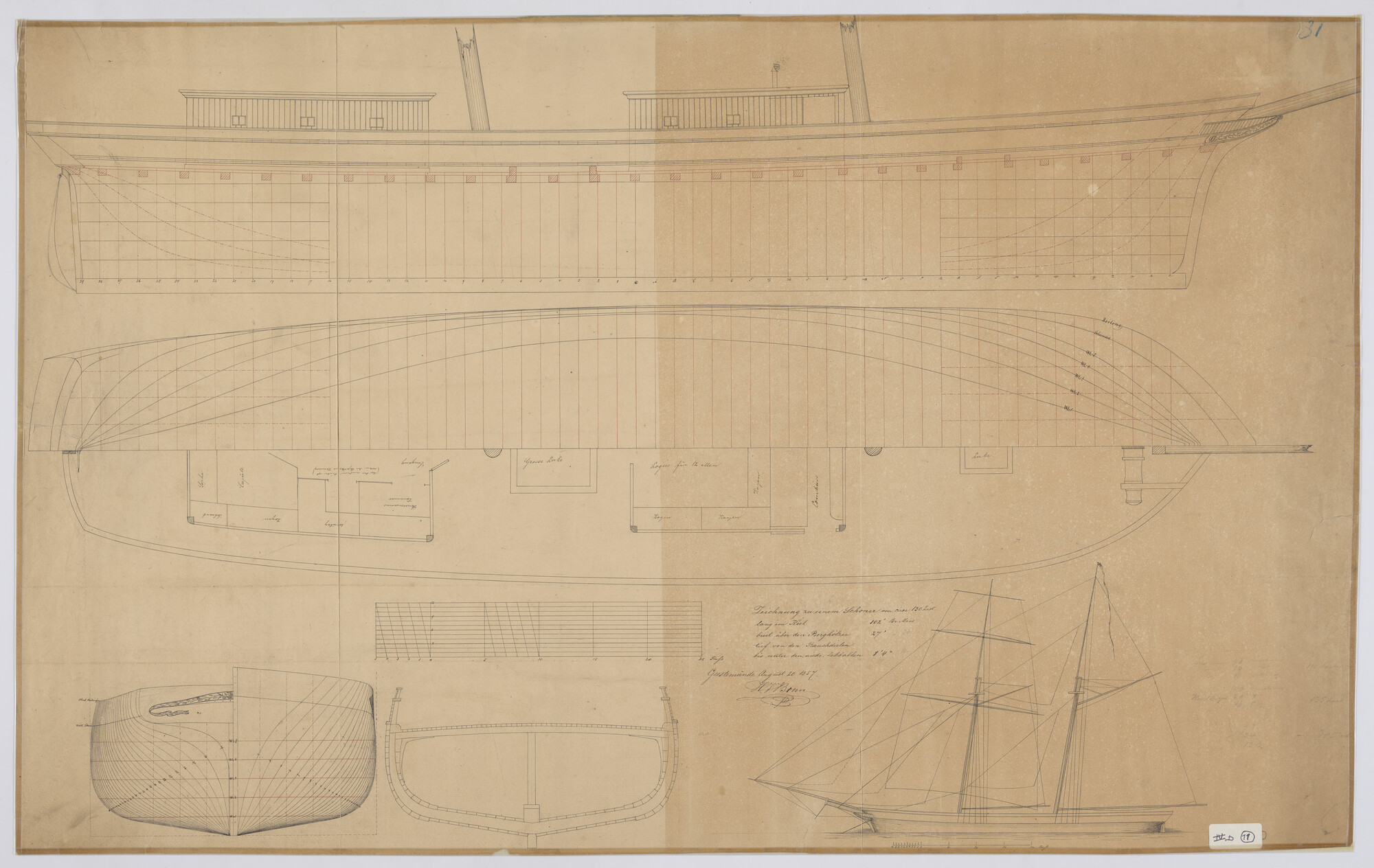 S.0247(47); Zijaanzicht, bovenaanzicht, achteraanzicht, grootspant, lijnenplan, tuigplan van een schoener; technische tekening
