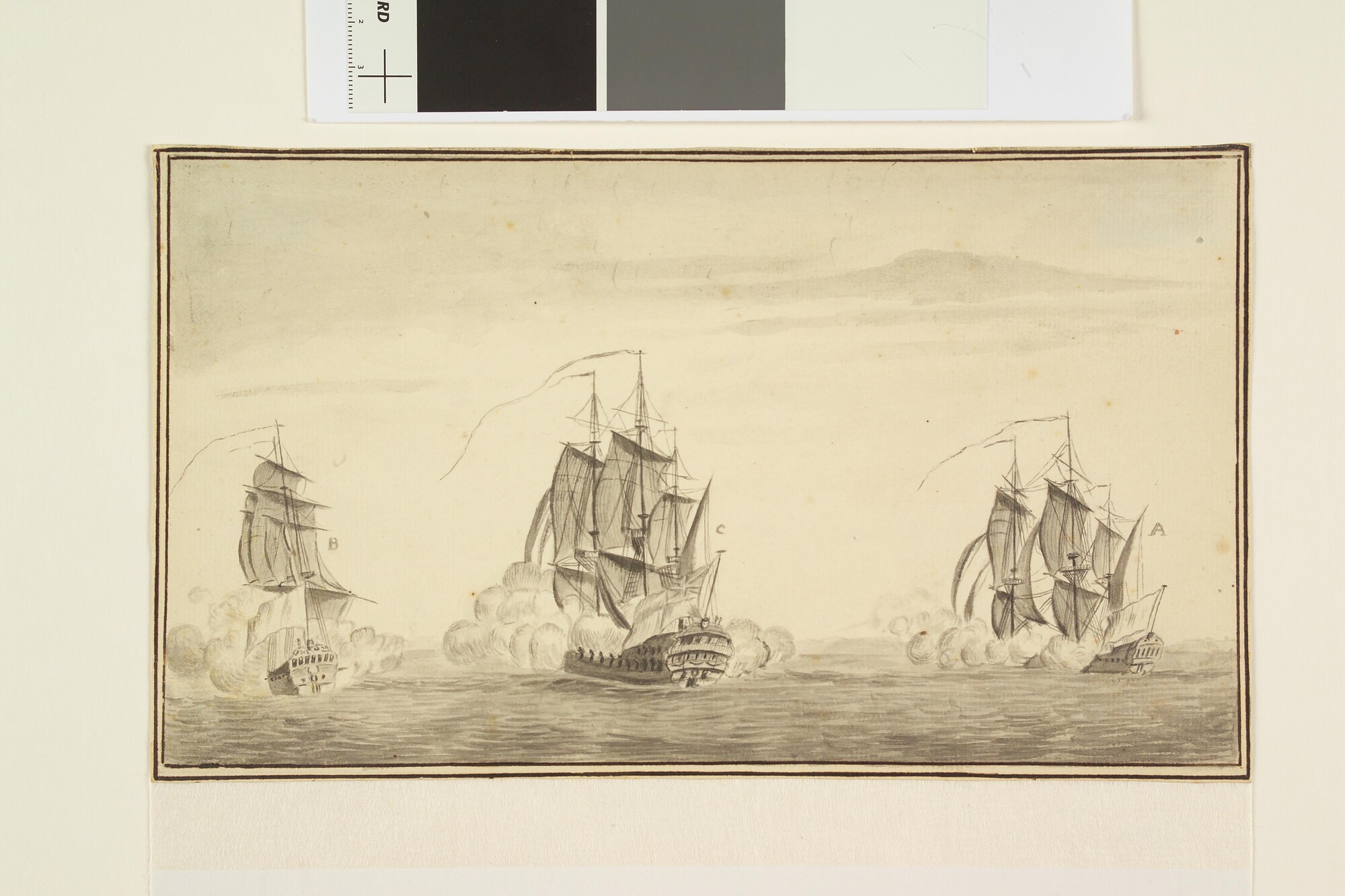 S.1603(25)02; Het nemen van het Engelse oorlogsschip Ardent door de Franse fregatten Junon en La Gentille, 17 augustus 1779; tekening
