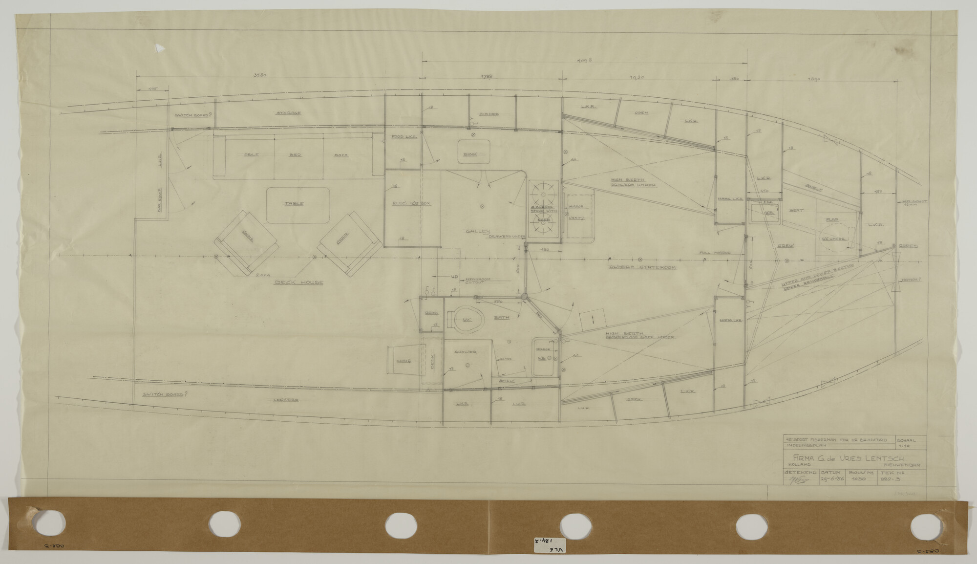 S.5180(0448); Indelingsplan van een sportvissersschip; technische tekening