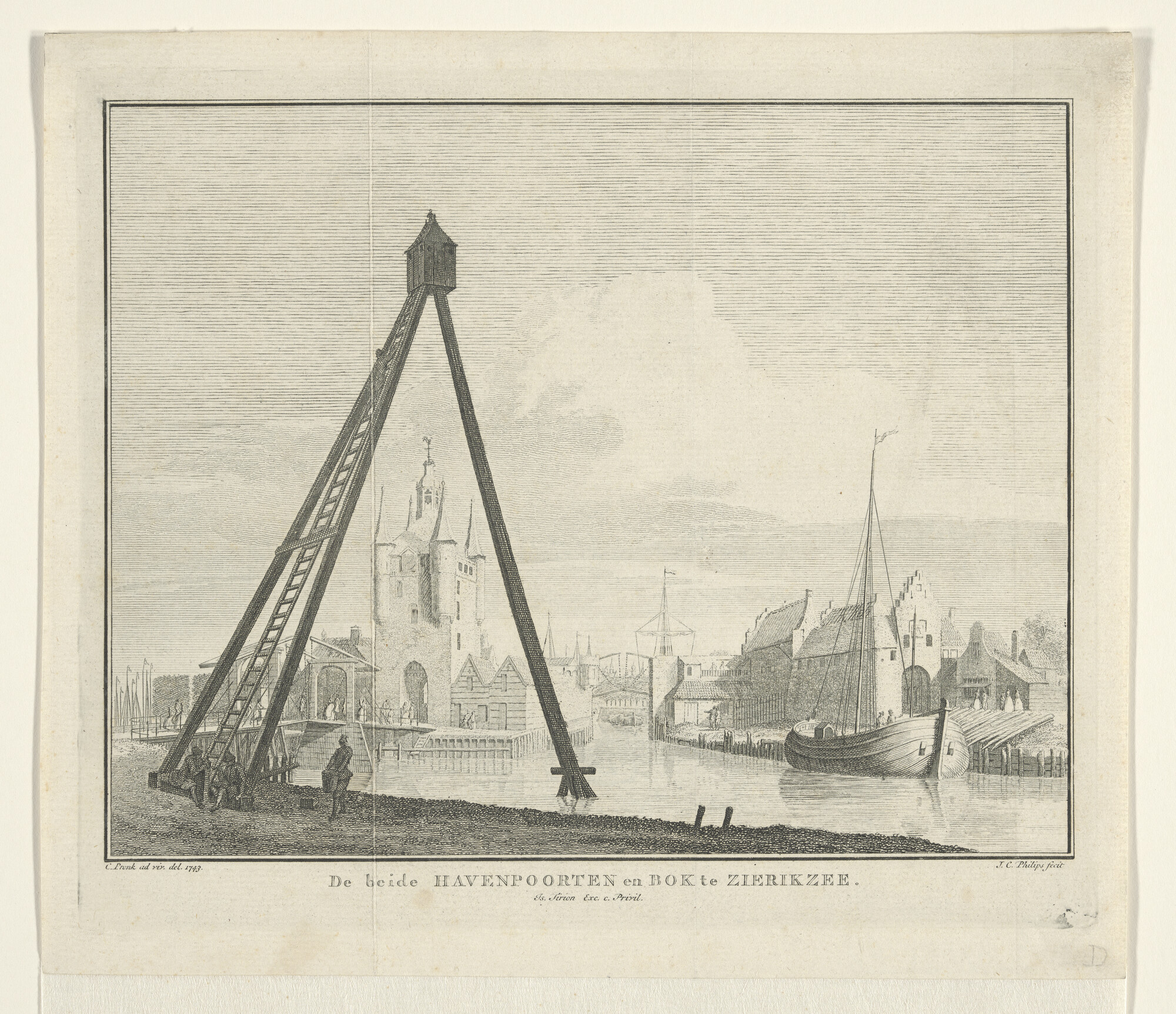 A.2988(16); De beide Havenpoorten en de Bok te Zierikzee; prent
