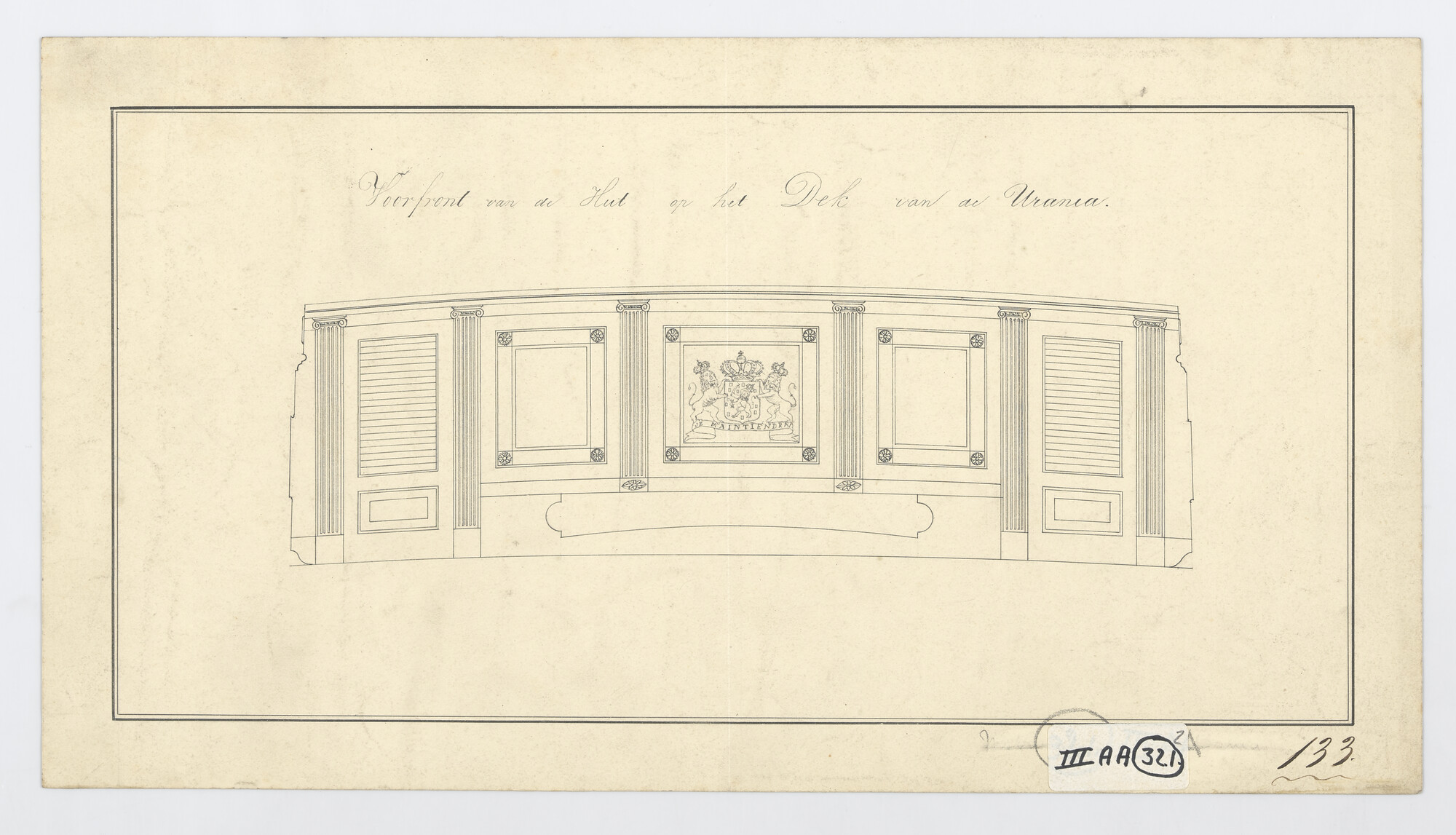 S.1214(0149); Voorfront van het dekhuis van het instructievaartuig Zr.Ms. 'Urania'; technische tekening