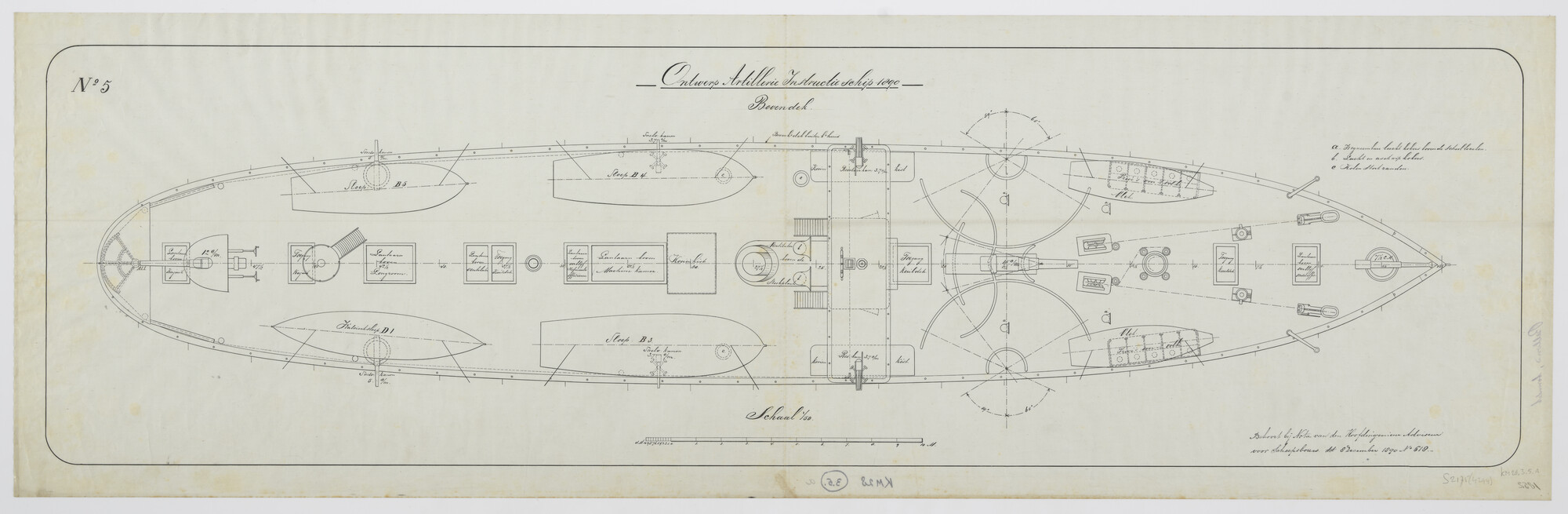 S.2175(4294); Bovendek van het ontwerp artillerie instructieschip 1890 Hr.Ms. 'Bellona'; technische tekening