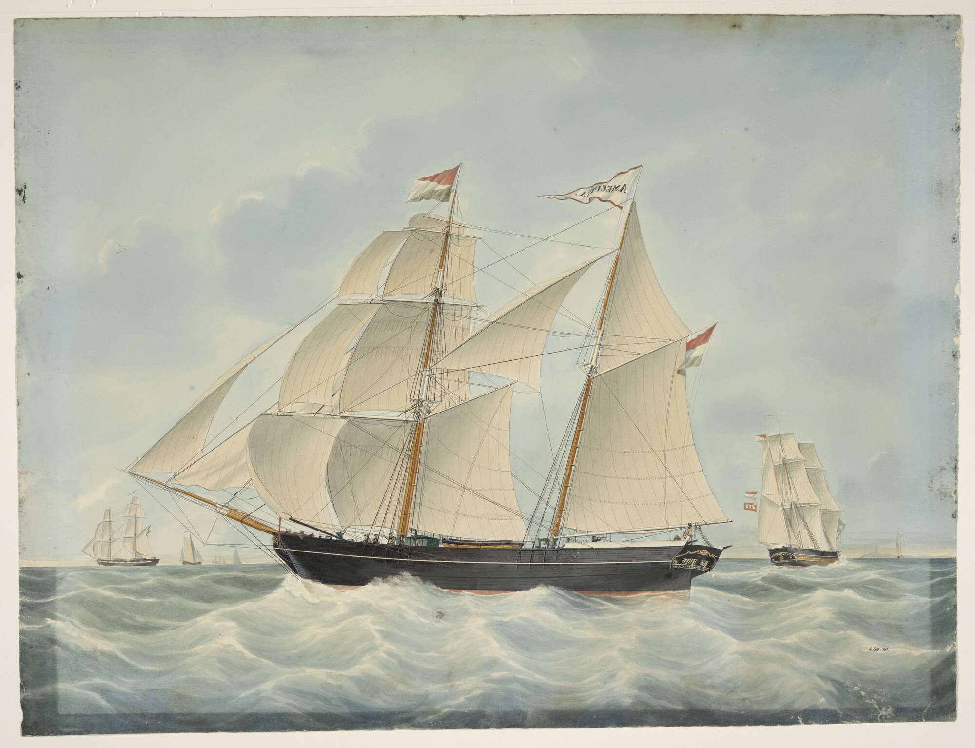 A.2050(01); Het schoenerbrikschip Amicitia en het barkschip Suriname; tekening