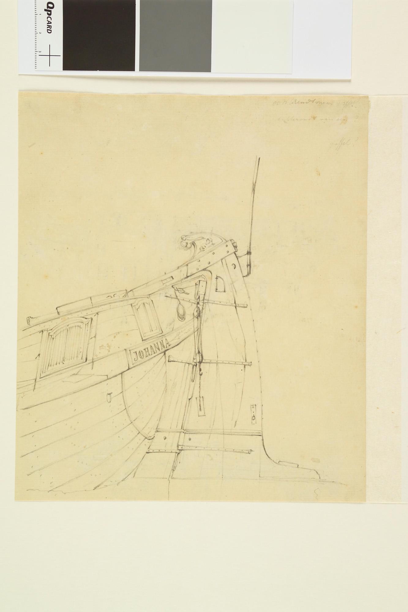 A.0149(0502); Tekening van het achterschip van een gaffelschip; tekening