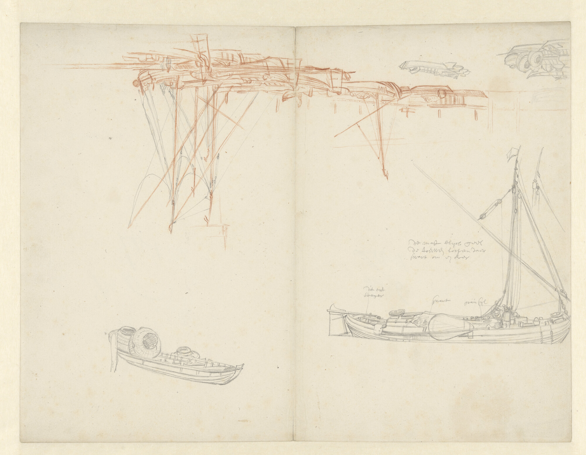 A.1494(10); Een kaagschip, een vissersboot en afgemeerde binnenschepen; tekening