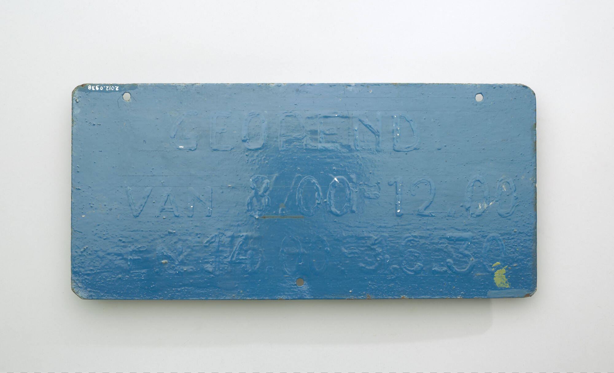 2012.0938; Tekstbord 'Wegens karweiwerk niet aanwezig'; tekstbord